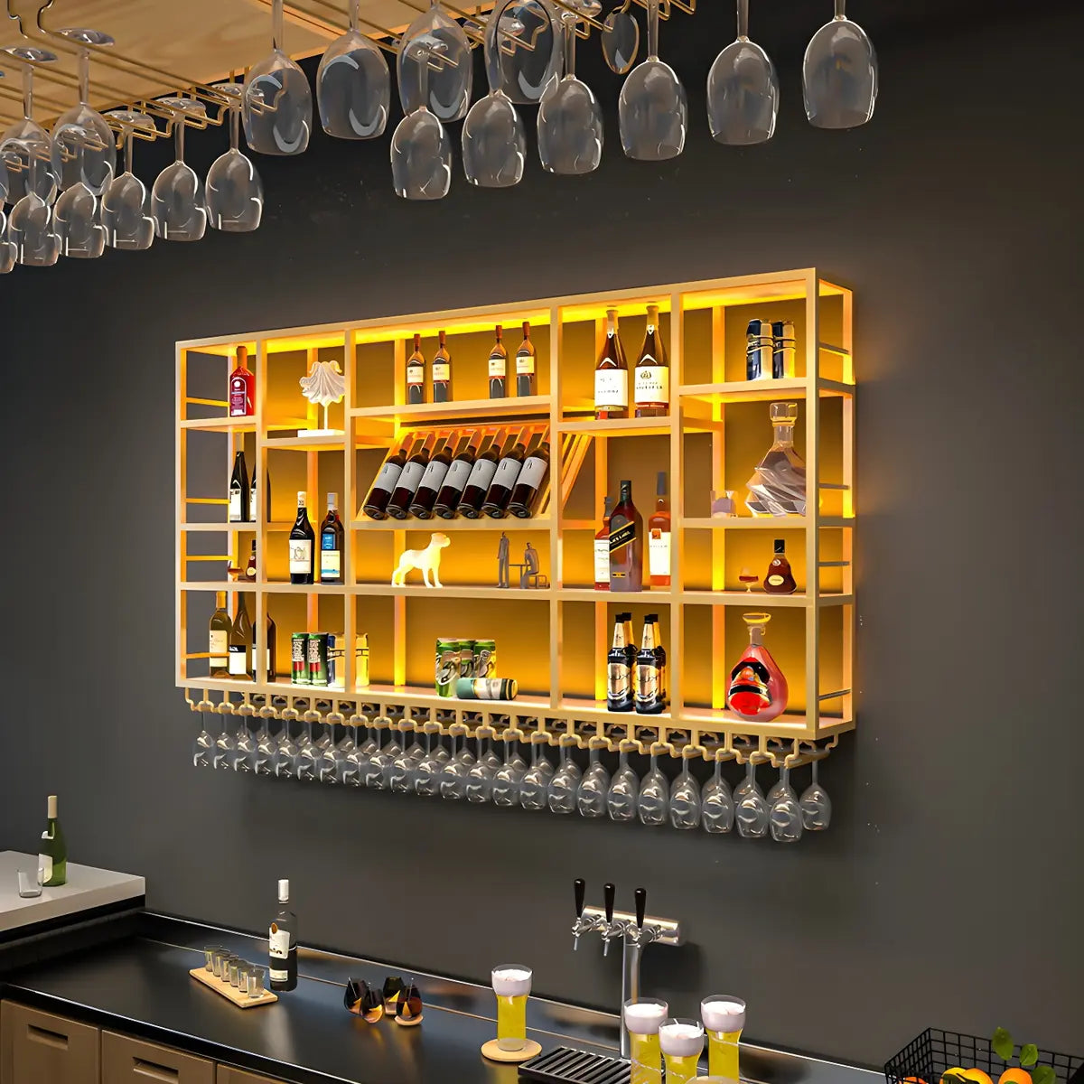 Large Black Metal Floating Wall Wine Rack — Black / 4 Piece Set
