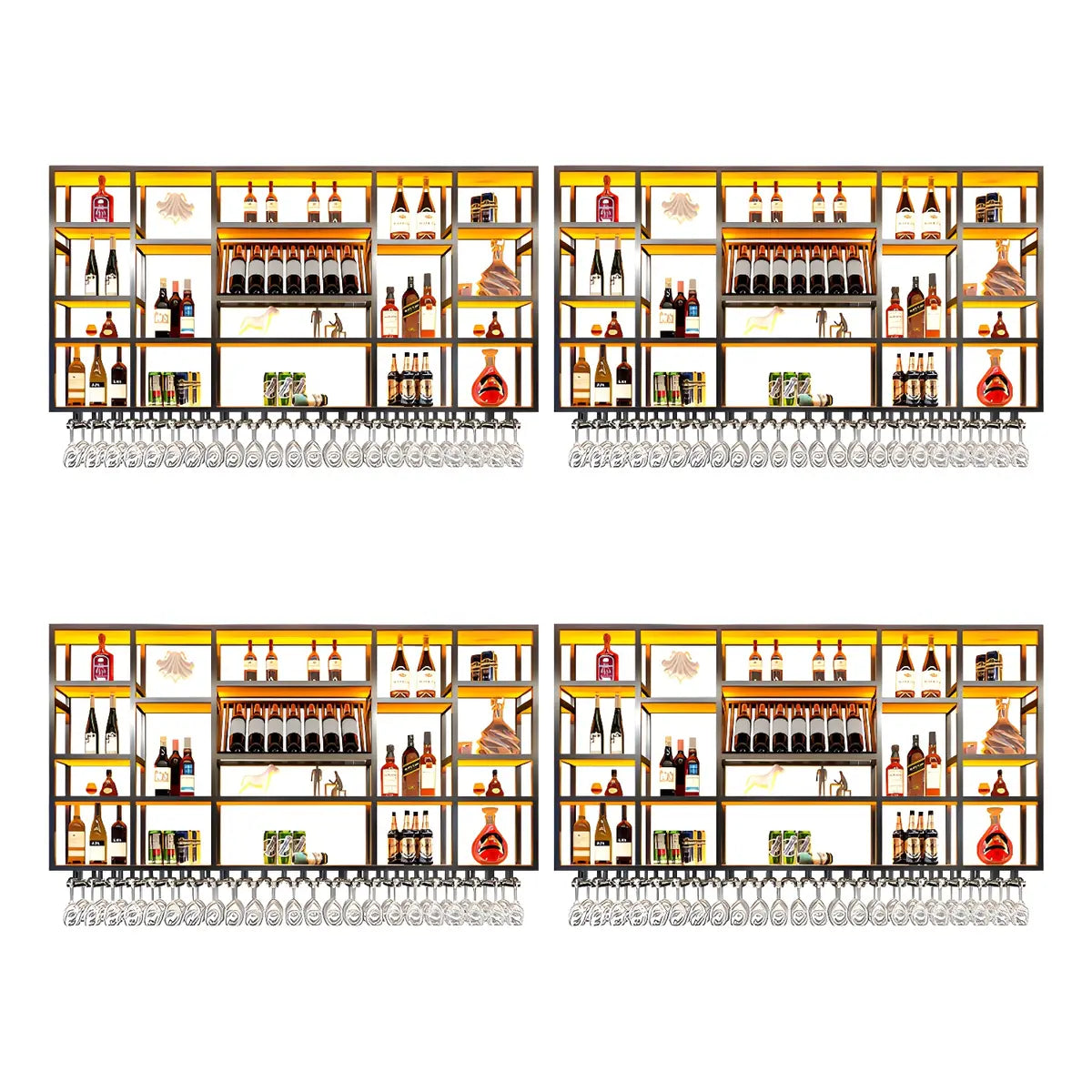 Large Black Metal Floating Wall Wine Rack — Gold / 4 Piece Set