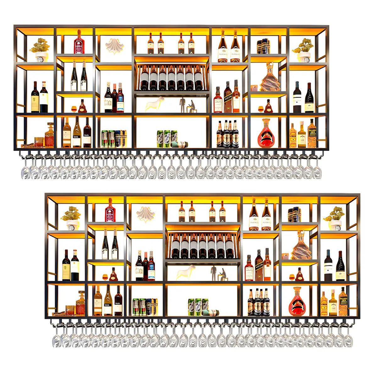 Large Black Metal Floating Wall Wine Rack — Gold / 2 Piece Set