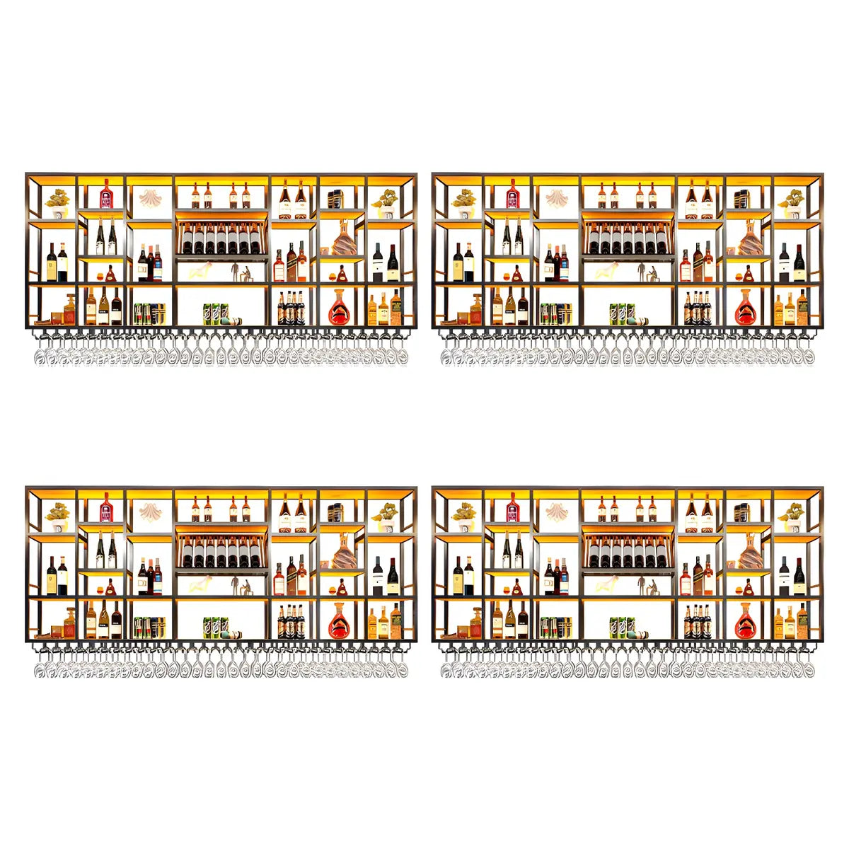 Large Black Metal Floating Wall Wine Rack — Gold / 4 Piece Set