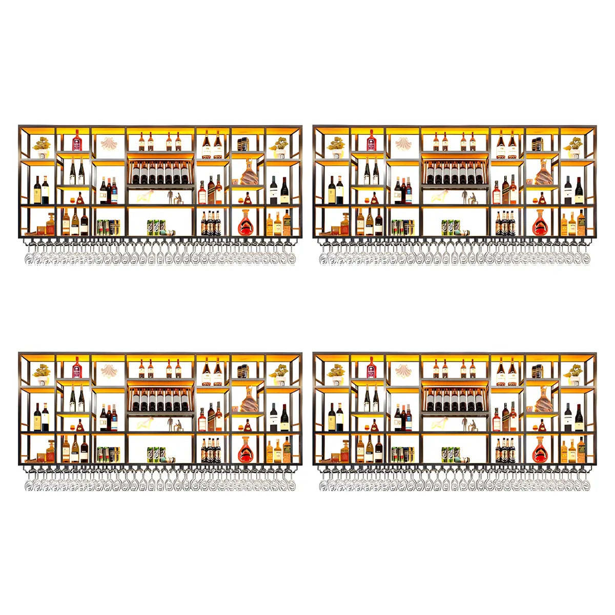 Large Black Metal Floating Wall Wine Rack — Gold / 4 Piece Set