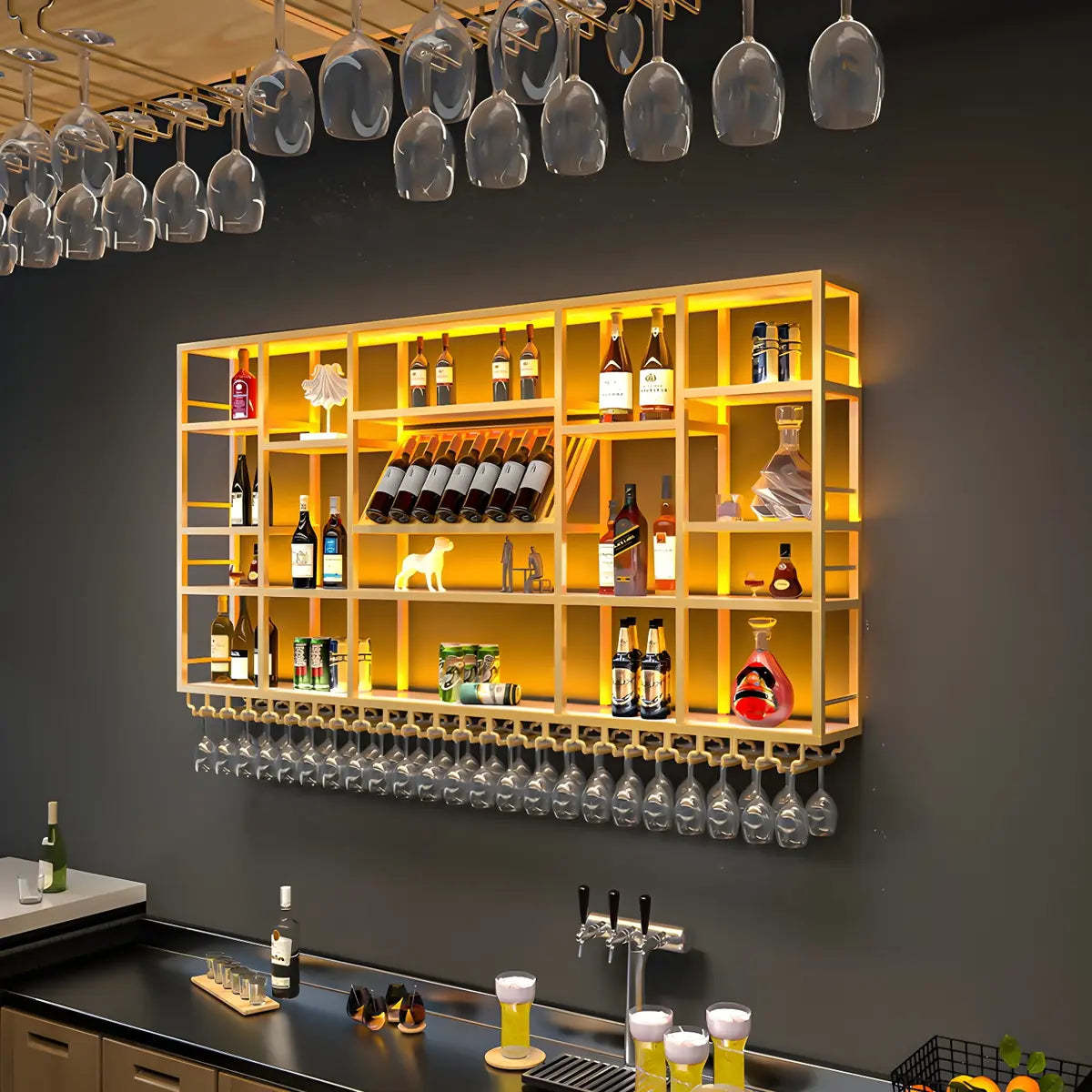 Large Black Metal Floating Wall Wine Rack — Black / 4 Piece Set