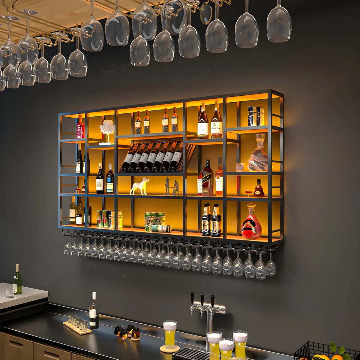 Large Black Metal Floating Wall Wine Rack — Gold / 2 Piece Set