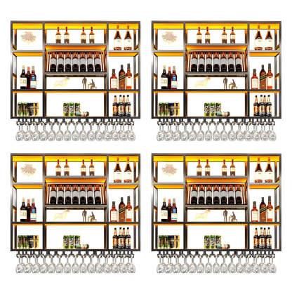 Large Black Metal Floating Wall Wine Rack — Gold / 4 Piece Set