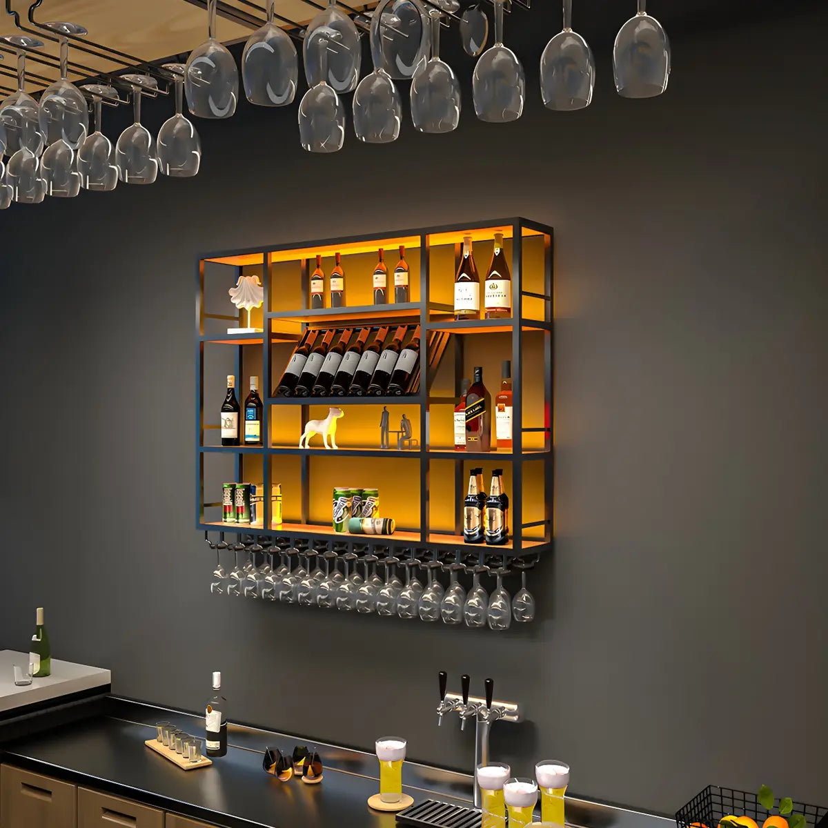 Large Black Metal Floating Wall Wine Rack — Black / 2 Piece Set