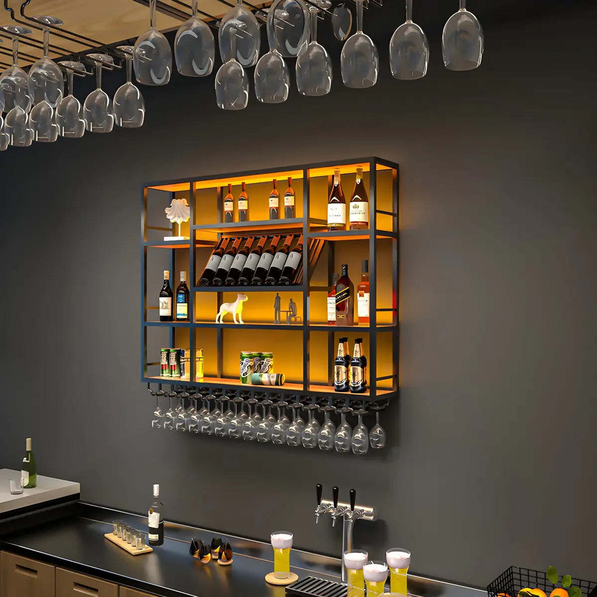 Large Black Metal Floating Wall Wine Rack — Black / 2 Piece Set