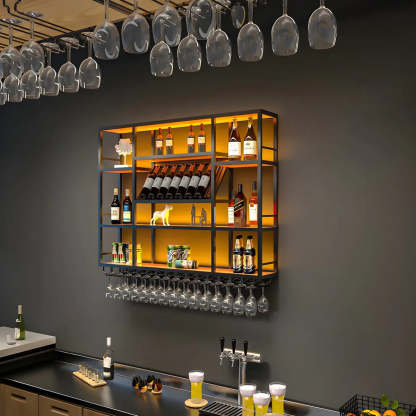 Large Black Metal Floating Wall Wine Rack — Black / 2 Piece Set