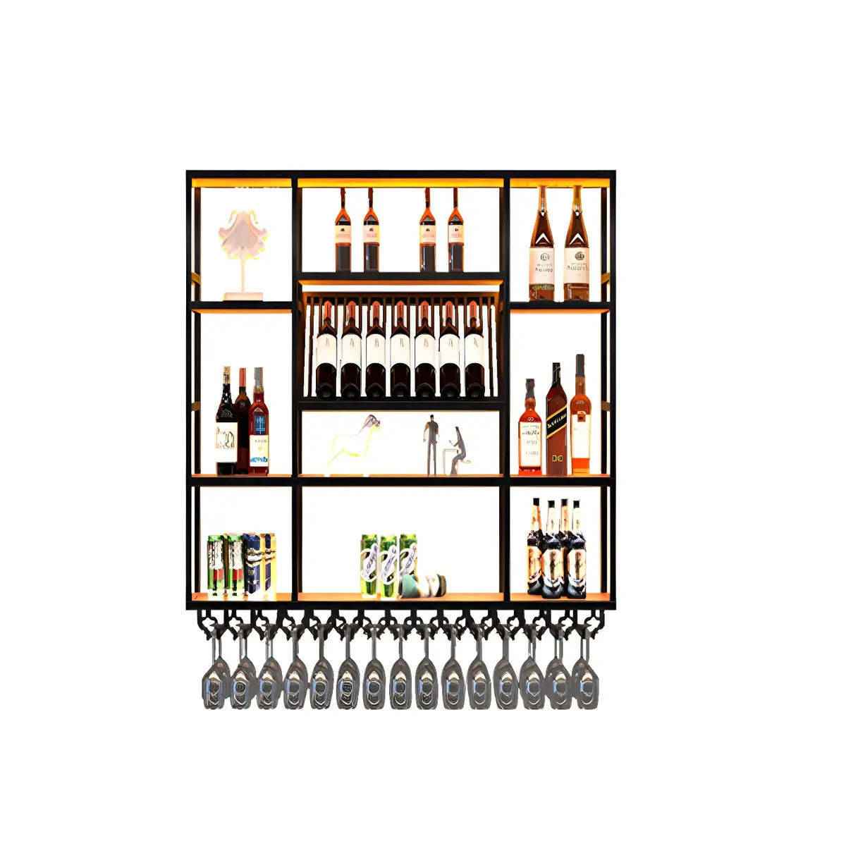 Large Black Metal Floating Wall Wine Rack — Black / 4 Piece Set