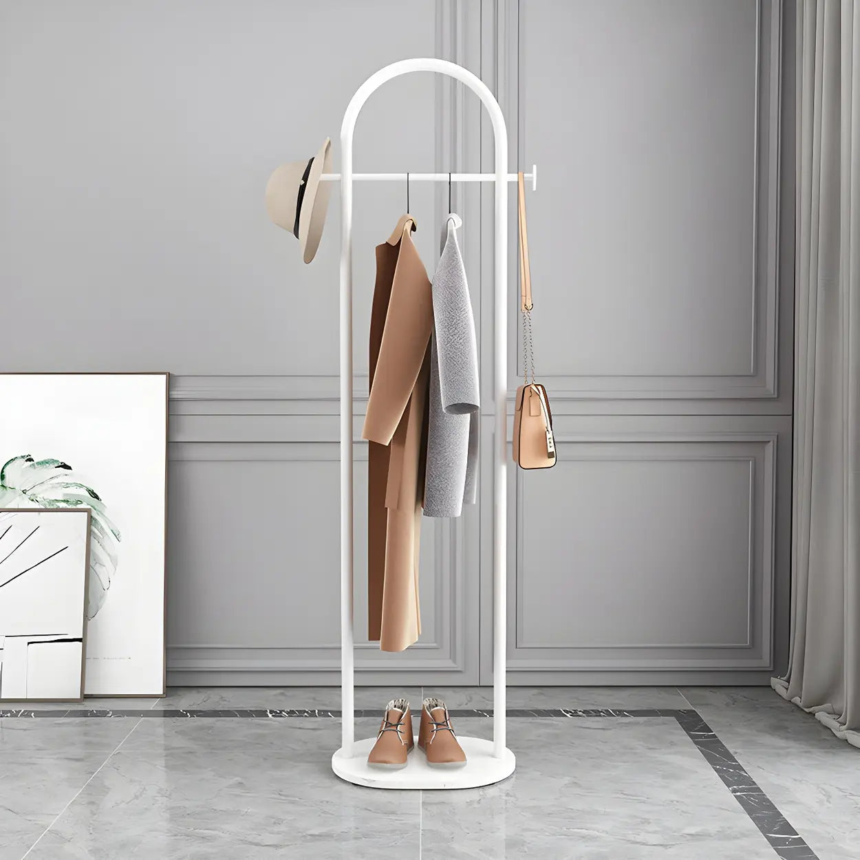 Black Marble Base Arched Metal Freestanding Coat Rack — White