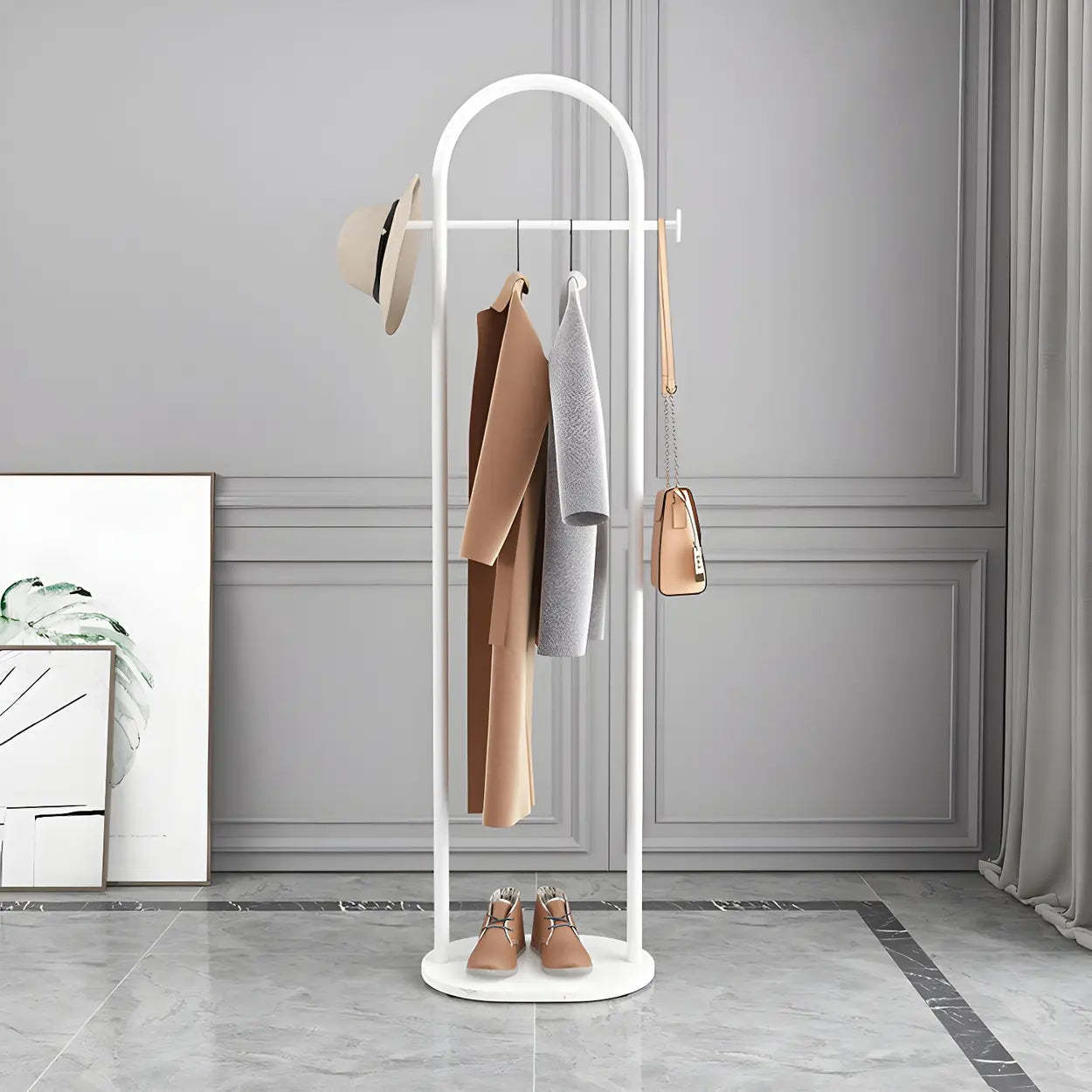 Black Marble Base Arched Metal Freestanding Coat Rack — White