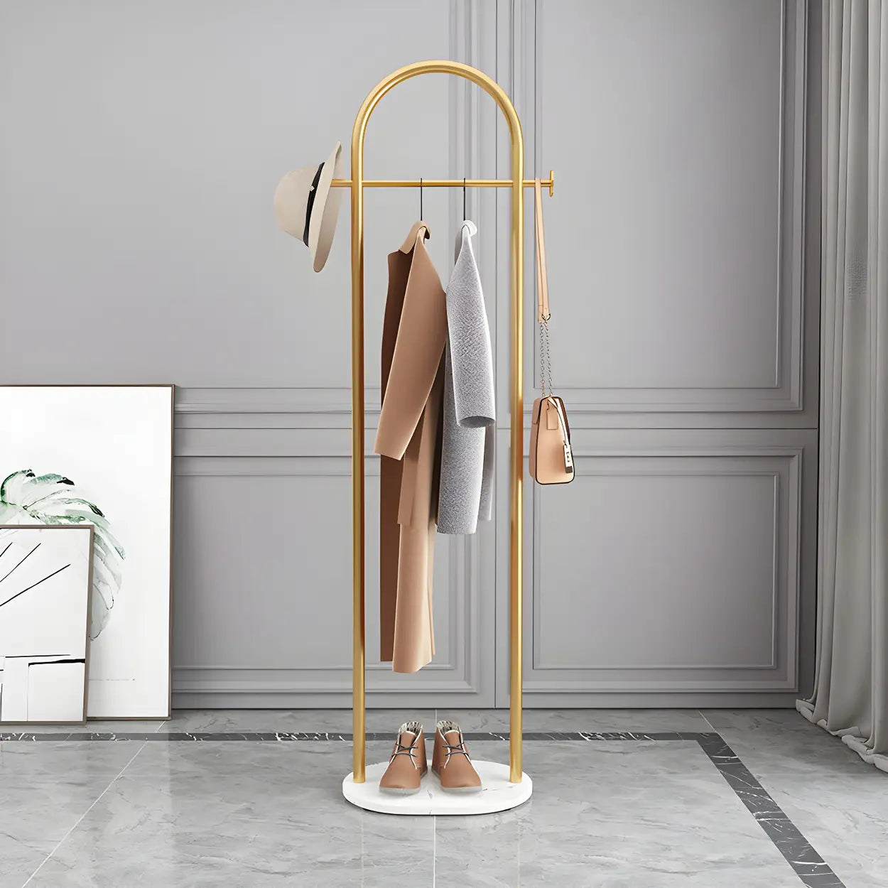 Black Marble Base Arched Metal Freestanding Coat Rack — Gold-Black