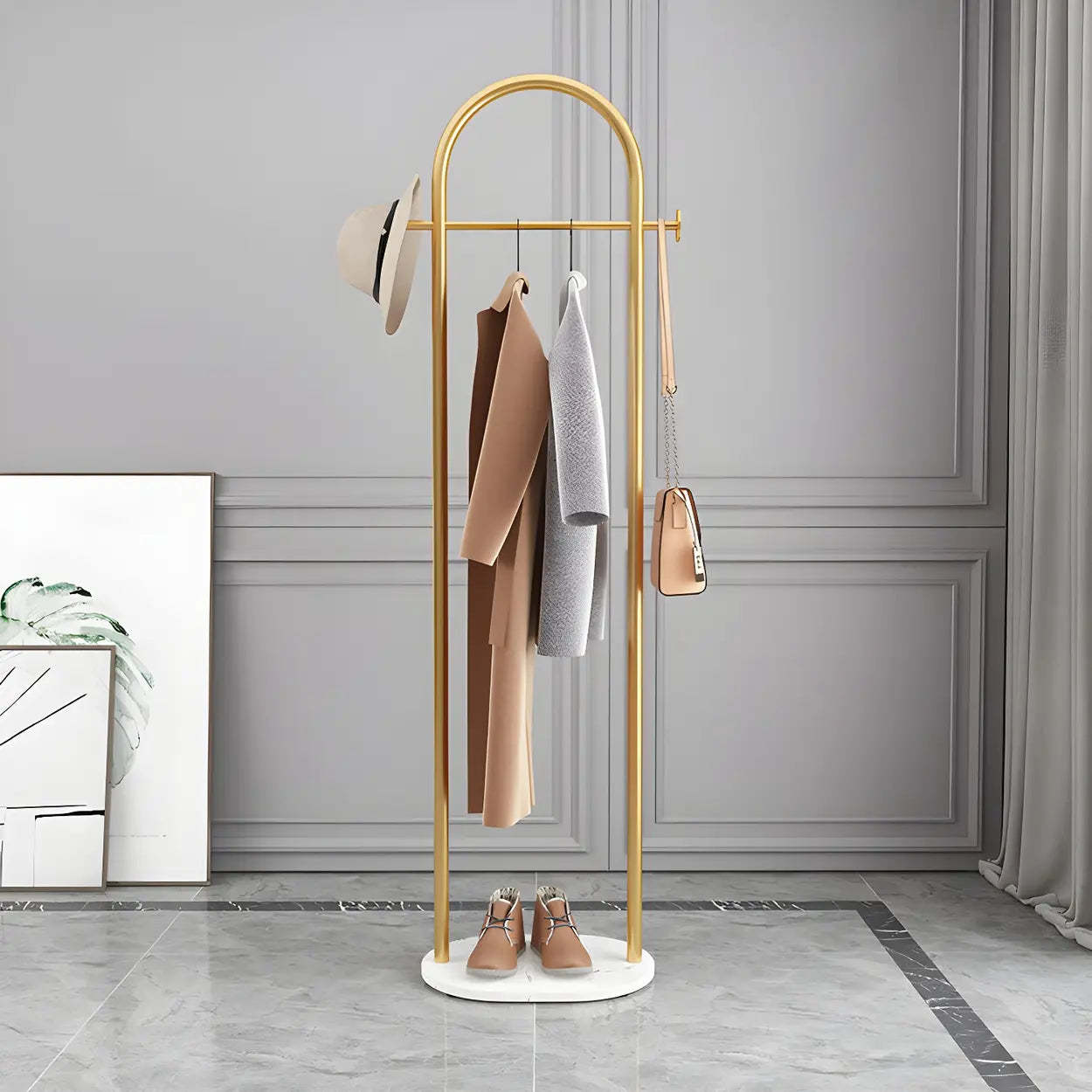 Black Marble Base Arched Metal Freestanding Coat Rack — Gold-Black