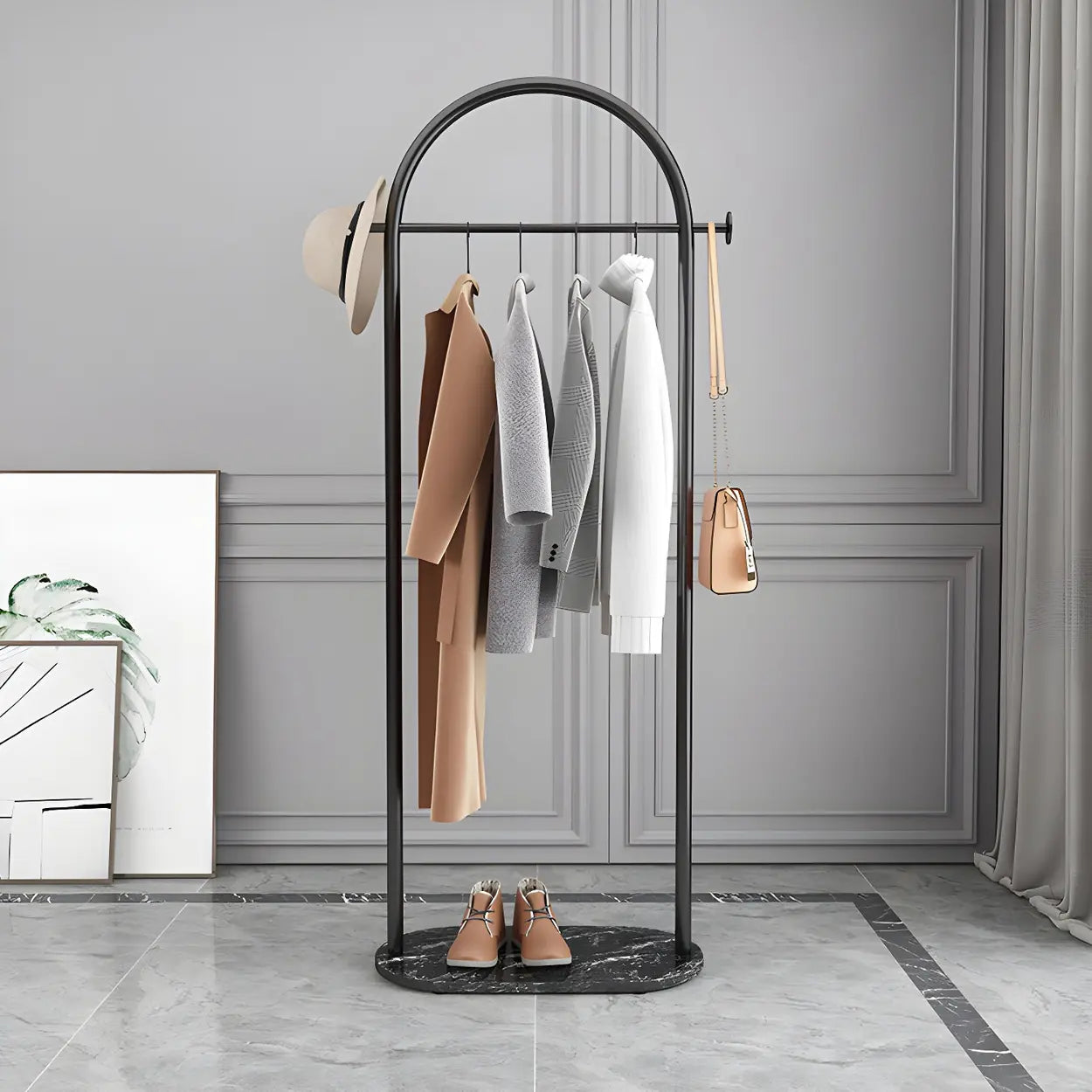 Black Marble Base Arched Metal Freestanding Coat Rack — White