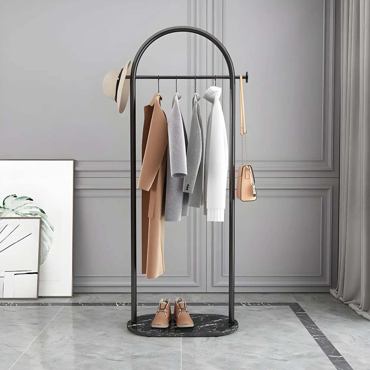 Black Marble Base Arched Metal Freestanding Coat Rack — White