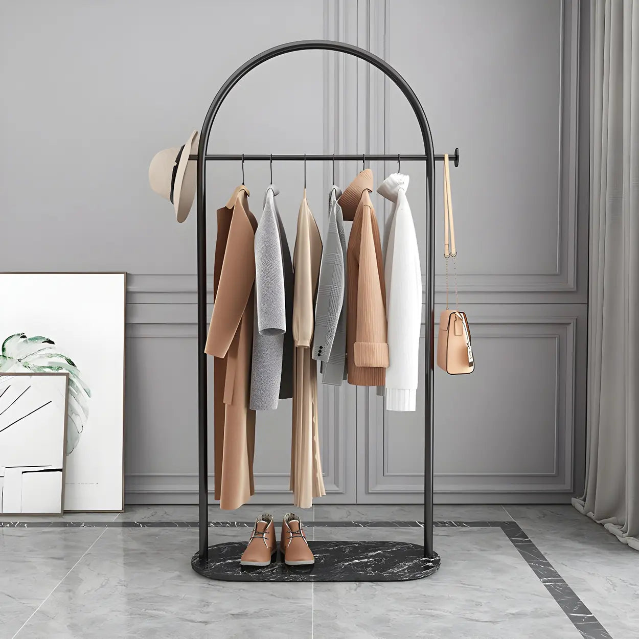 Black Marble Base Arched Metal Freestanding Coat Rack — Gold-White
