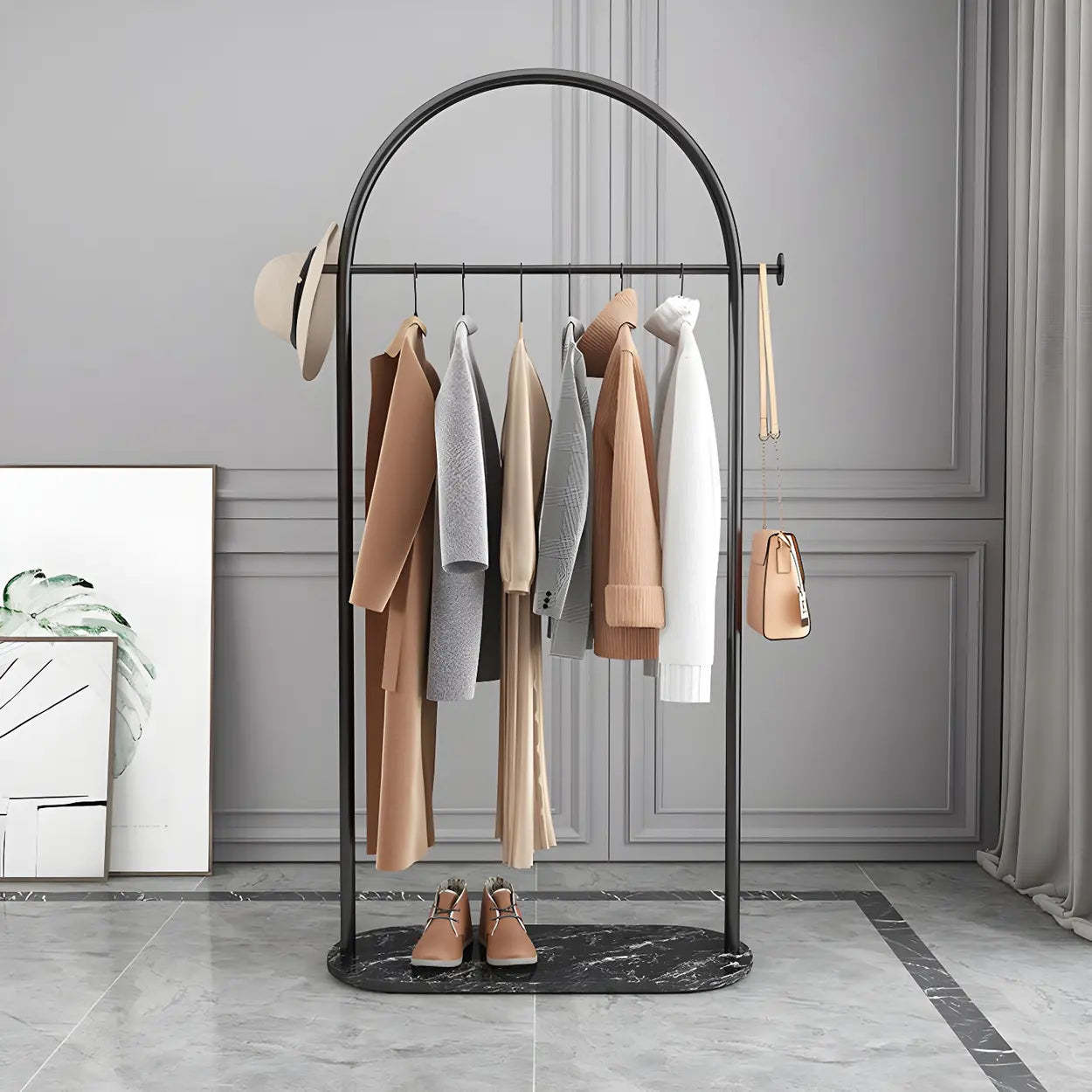 Black Marble Base Arched Metal Freestanding Coat Rack — Gold-White