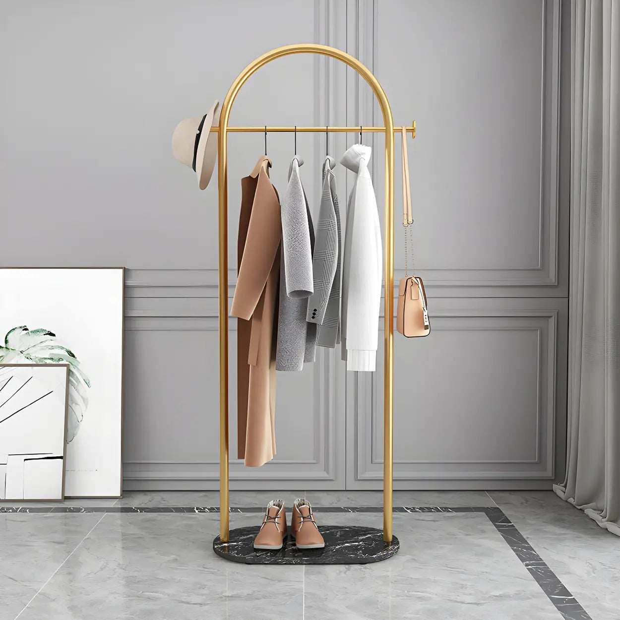 Black Marble Base Arched Metal Freestanding Coat Rack — Gold-Black