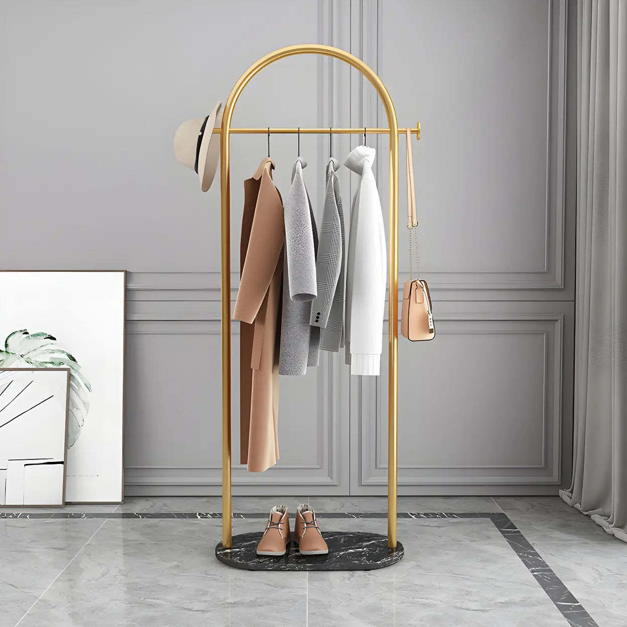 Black Marble Base Arched Metal Freestanding Coat Rack — Gold-Black