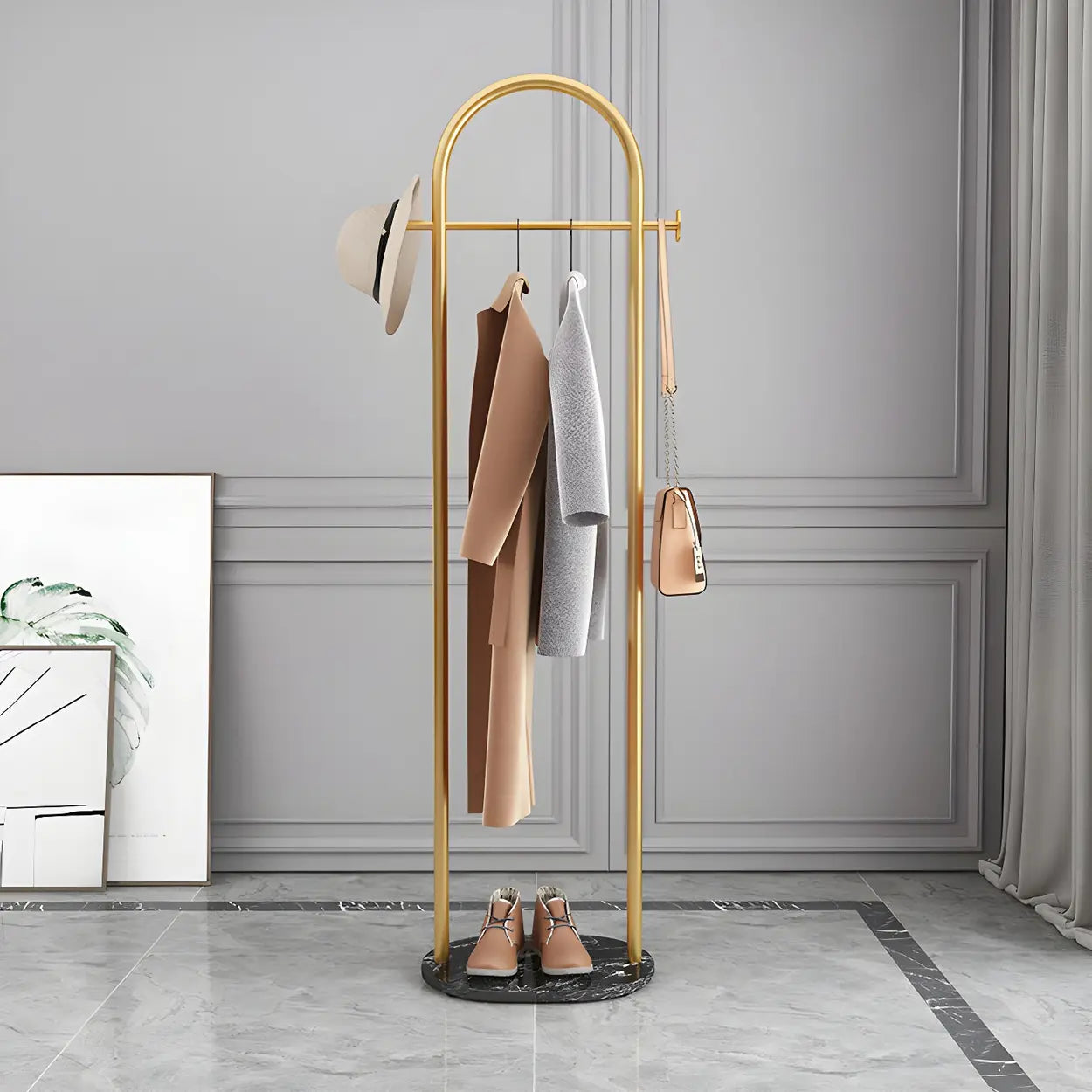 Black Marble Base Arched Metal Freestanding Coat Rack — Gold-White