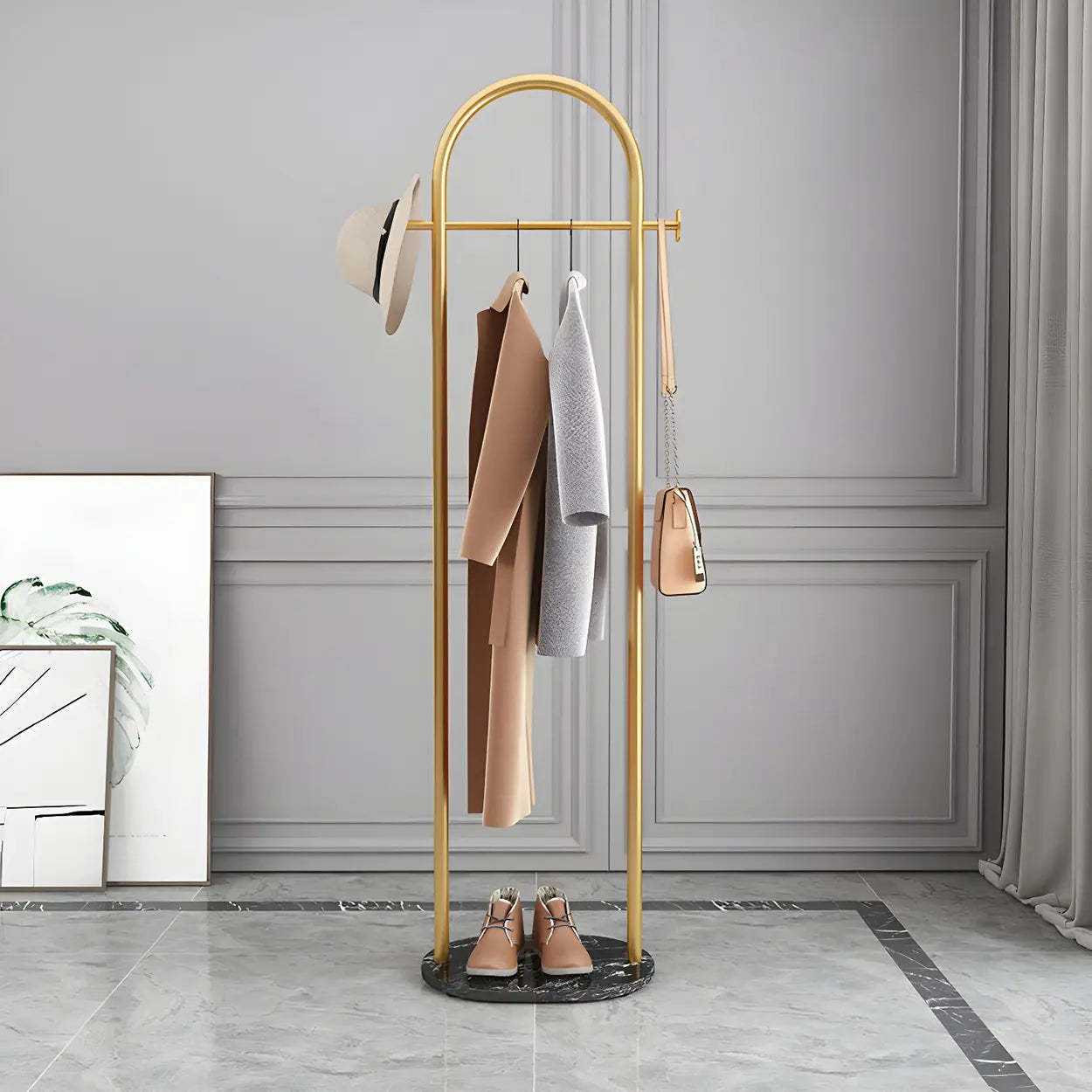 Black Marble Base Arched Metal Freestanding Coat Rack — Gold-White