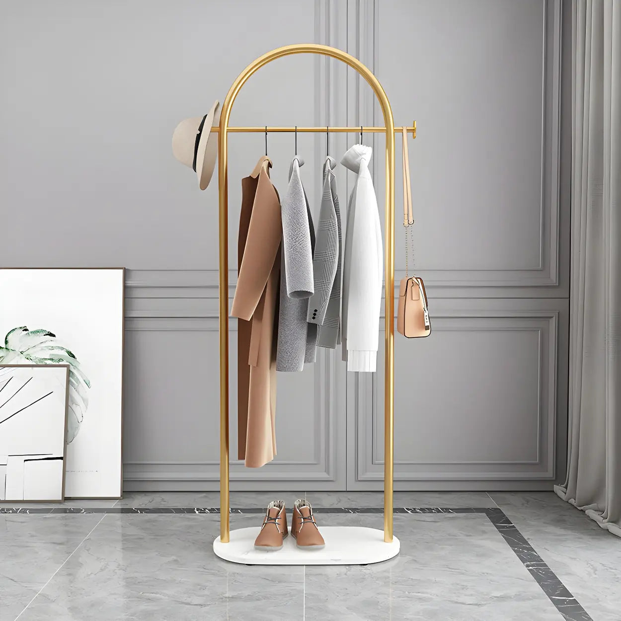Black Marble Base Arched Metal Freestanding Coat Rack — Gold-Black