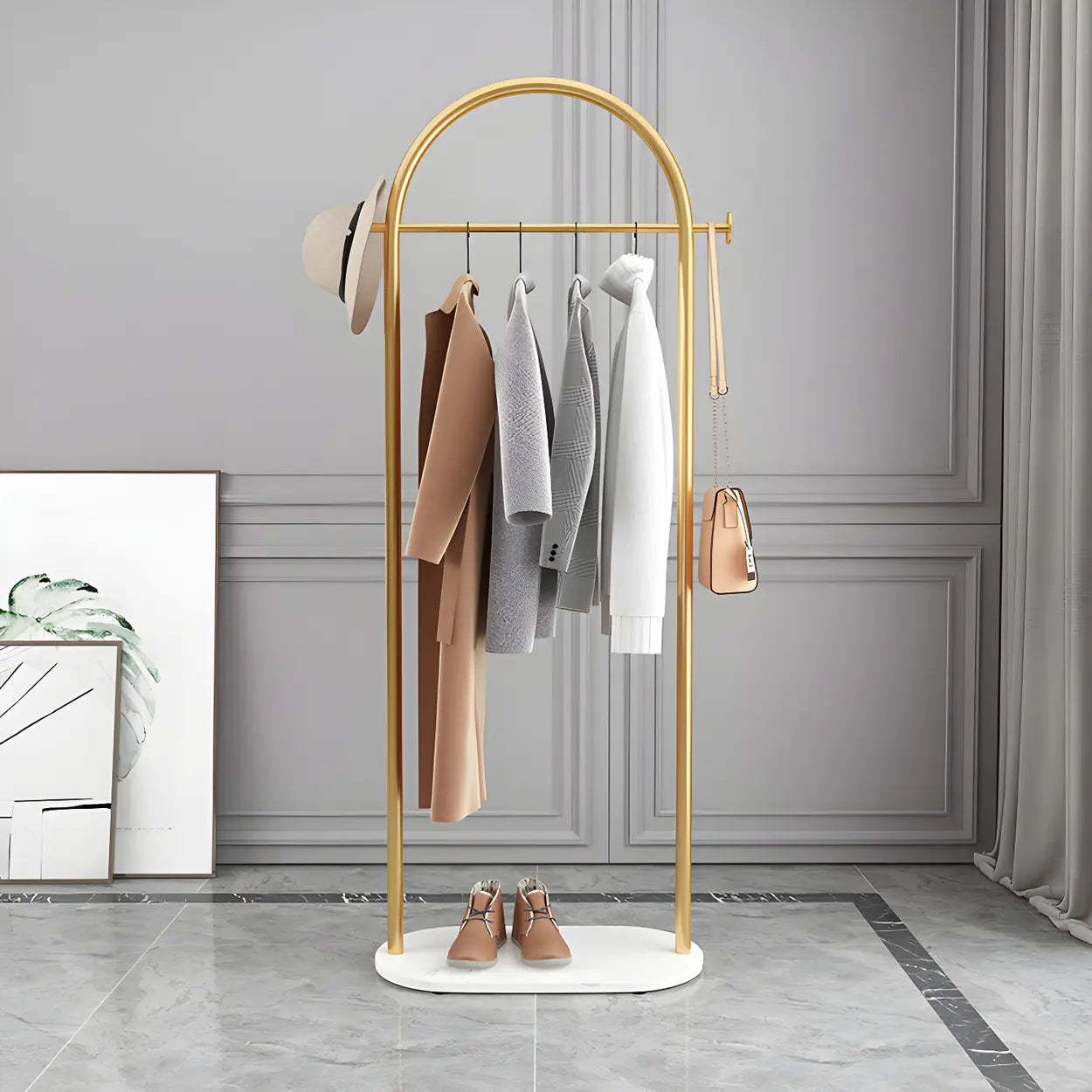 Black Marble Base Arched Metal Freestanding Coat Rack — Gold-Black