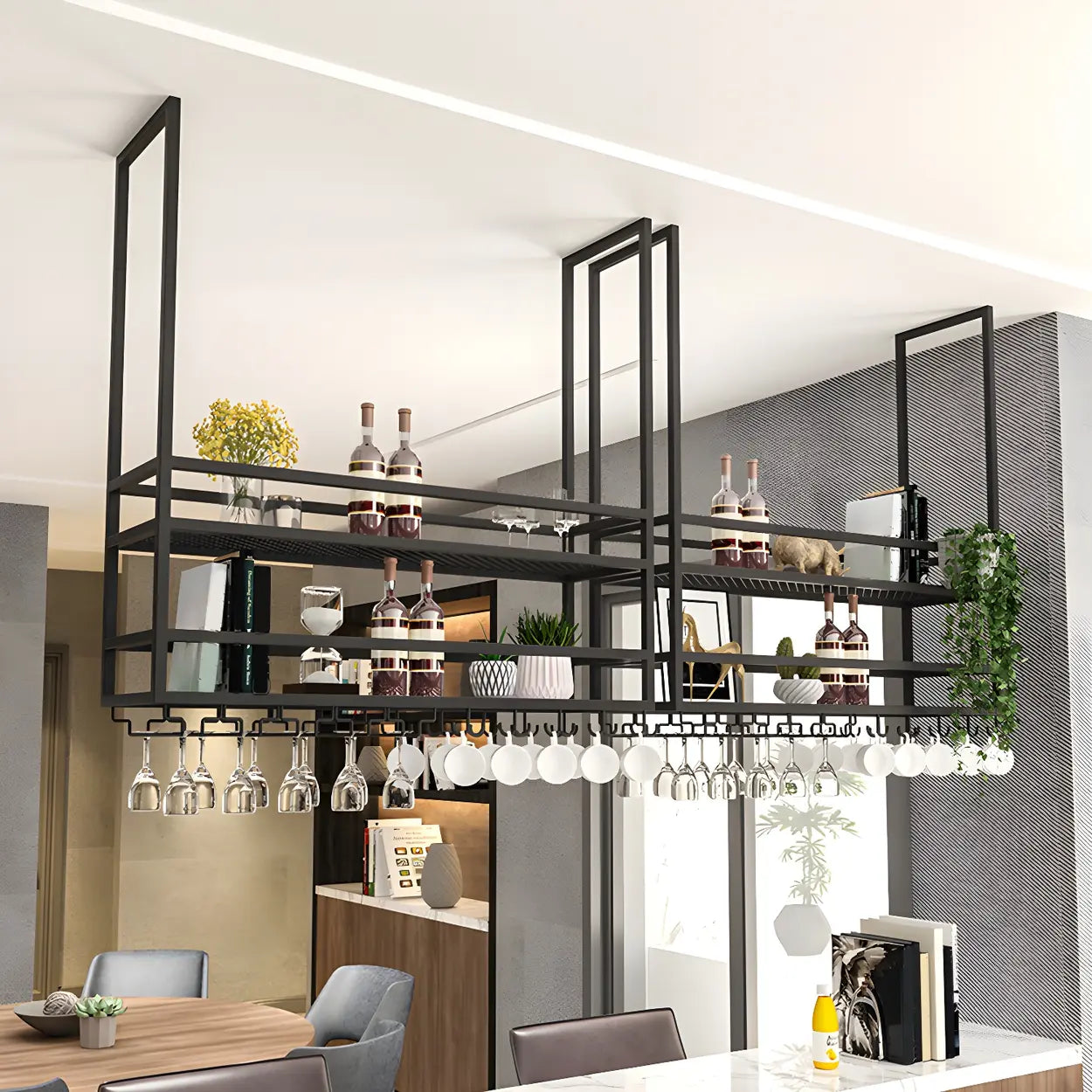 Black Metal Hanging Wine Rack with Stemware Holder