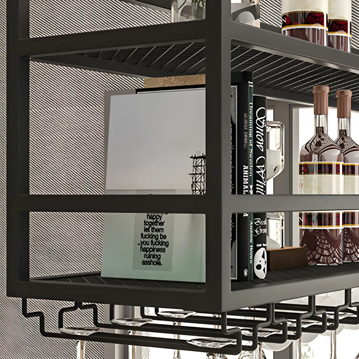 Black Metal Hanging Wine Rack with Stemware Holder