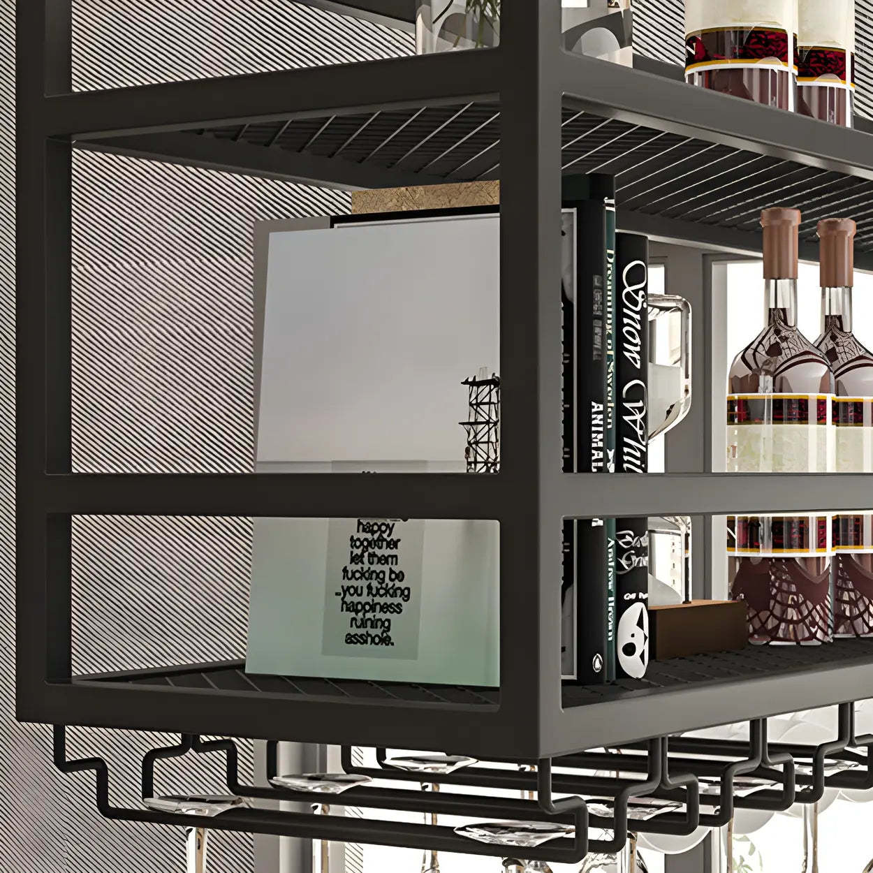 Black Metal Hanging Wine Rack with Stemware Holder