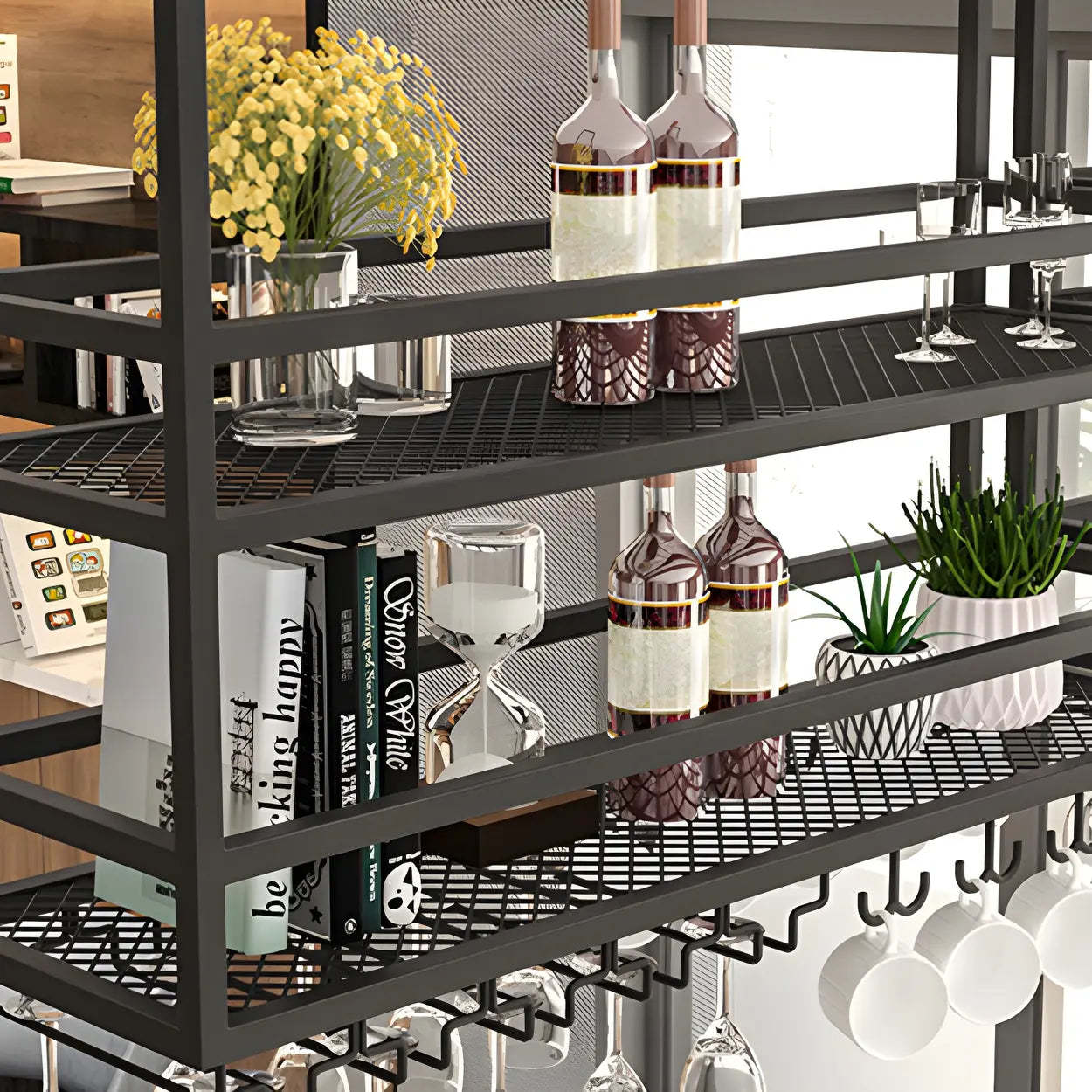 Black Metal Hanging Wine Rack with Stemware Holder