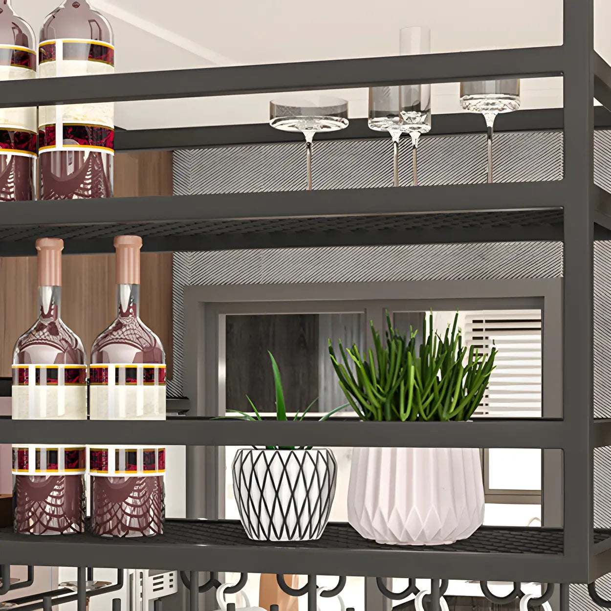 Black Metal Hanging Wine Rack with Stemware Holder