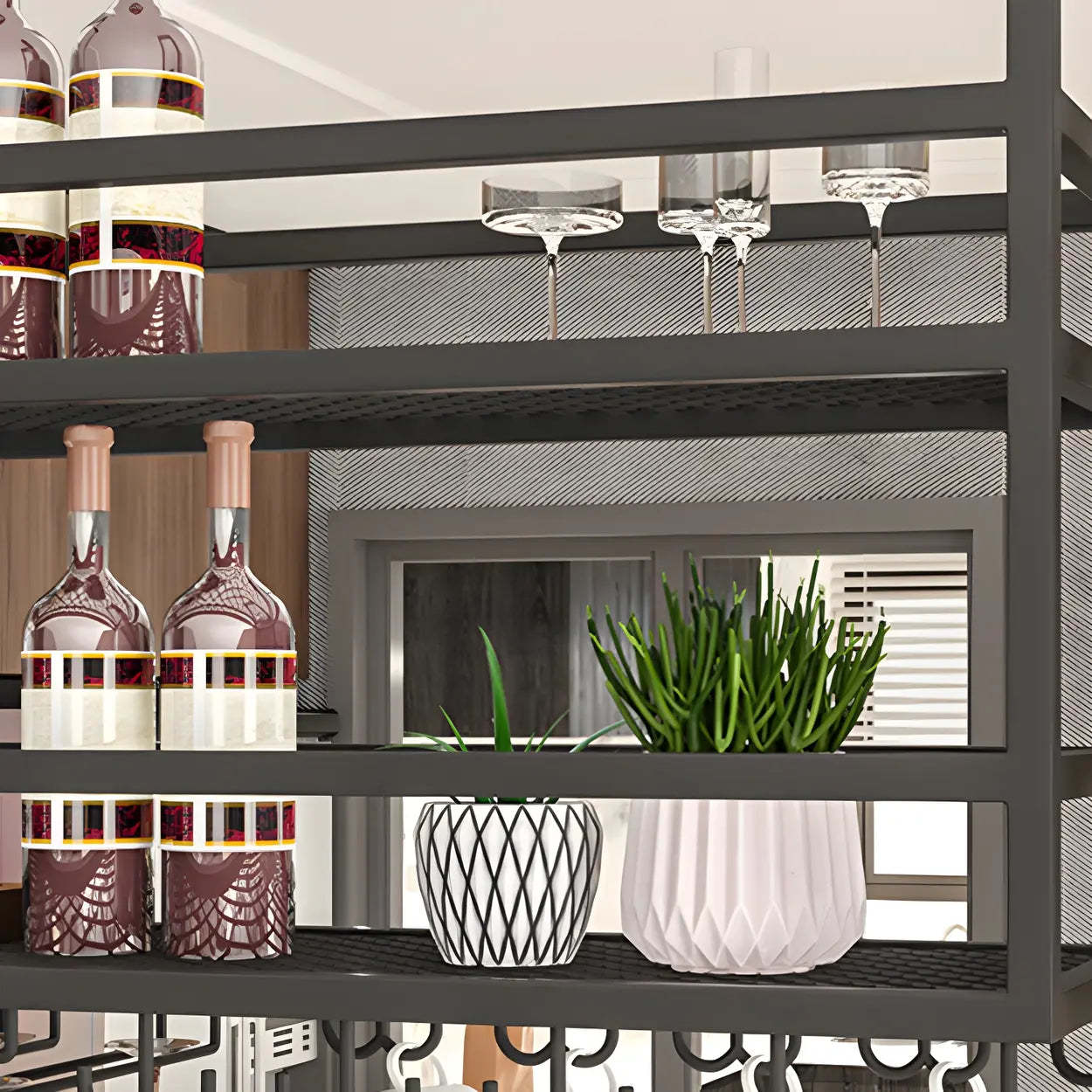Black Metal Hanging Wine Rack with Stemware Holder