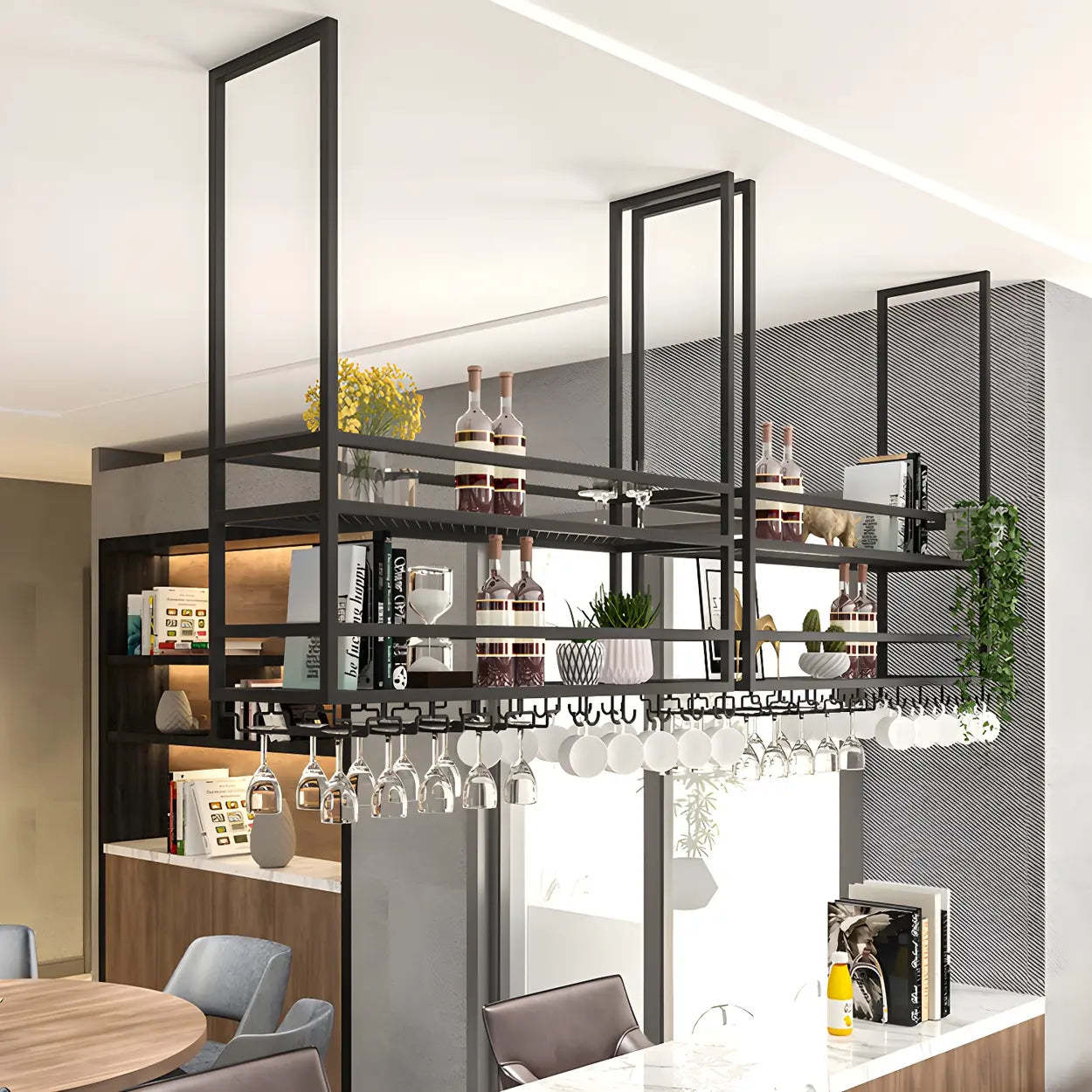 Black Metal Hanging Wine Rack with Stemware Holder