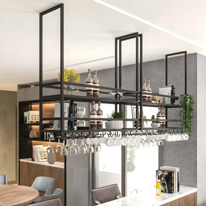 Black Metal Hanging Wine Rack with Stemware Holder