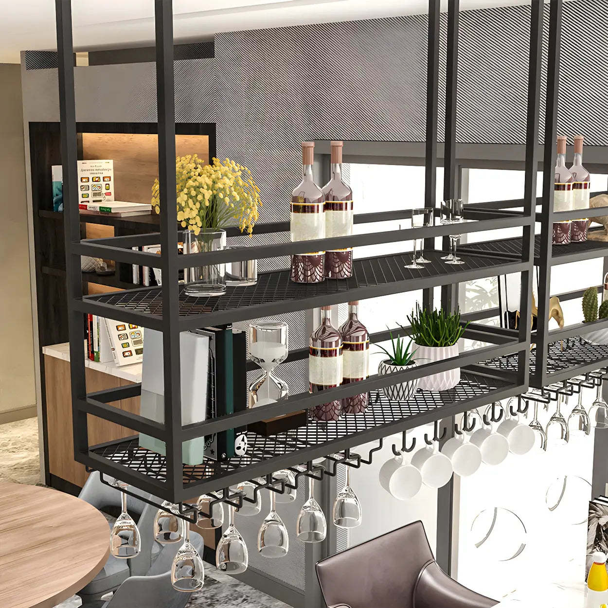 Black Metal Hanging Wine Rack with Stemware Holder