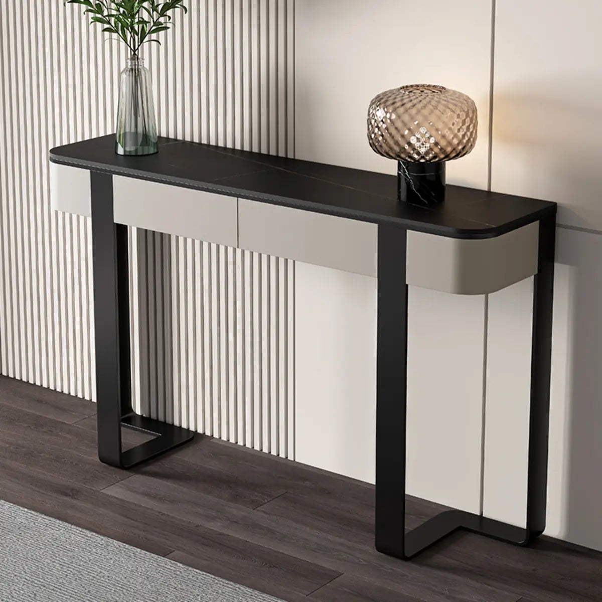 Black Metal Rectangular Console Table with Drawers — Black