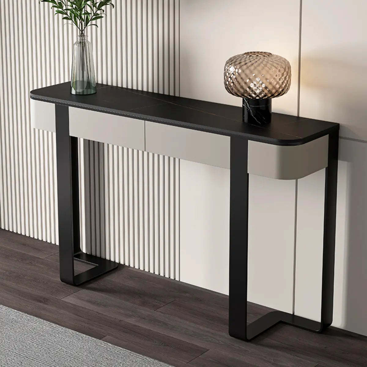 Black Metal Rectangular Console Table with Drawers — Black