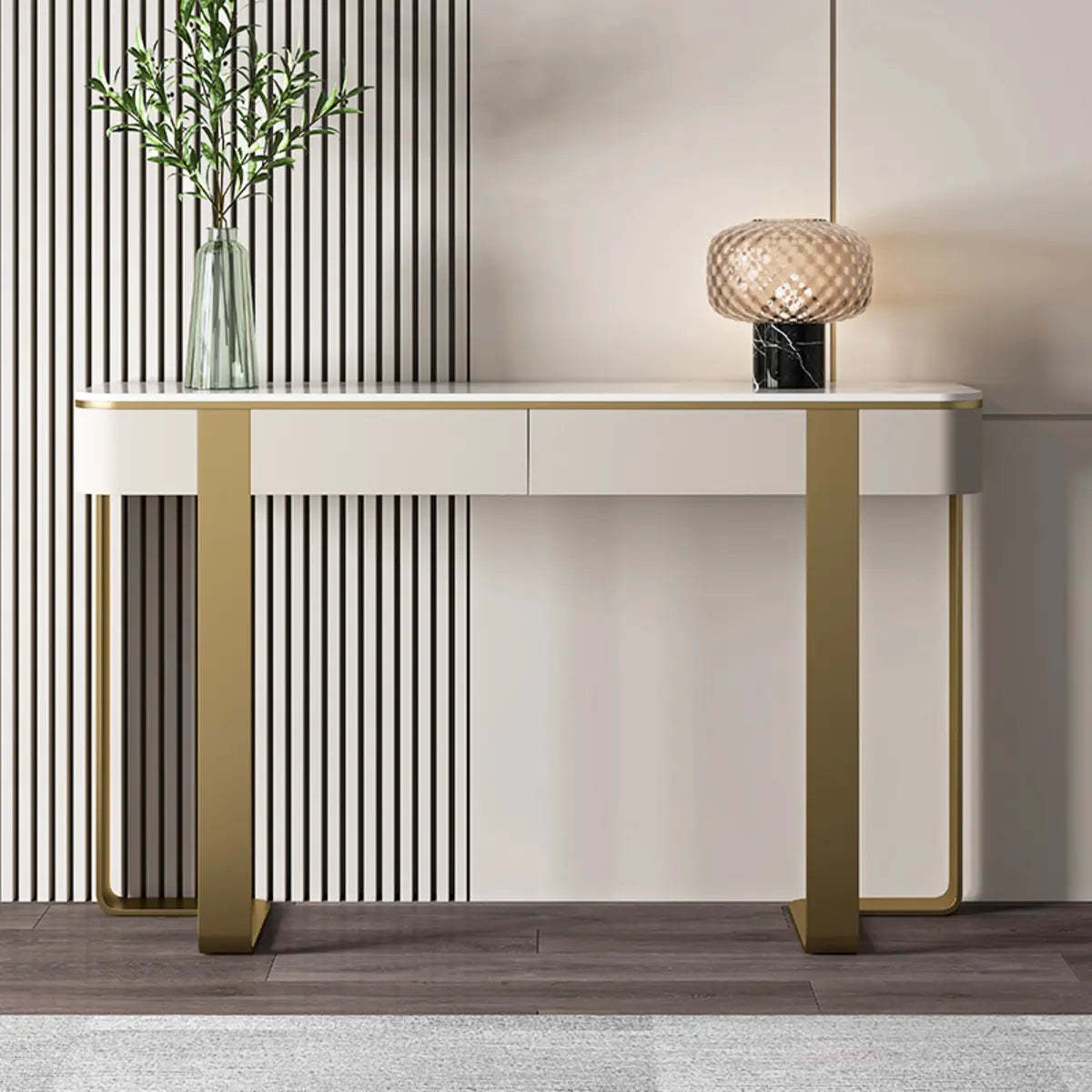 Black Metal Rectangular Console Table with Drawers — Gold