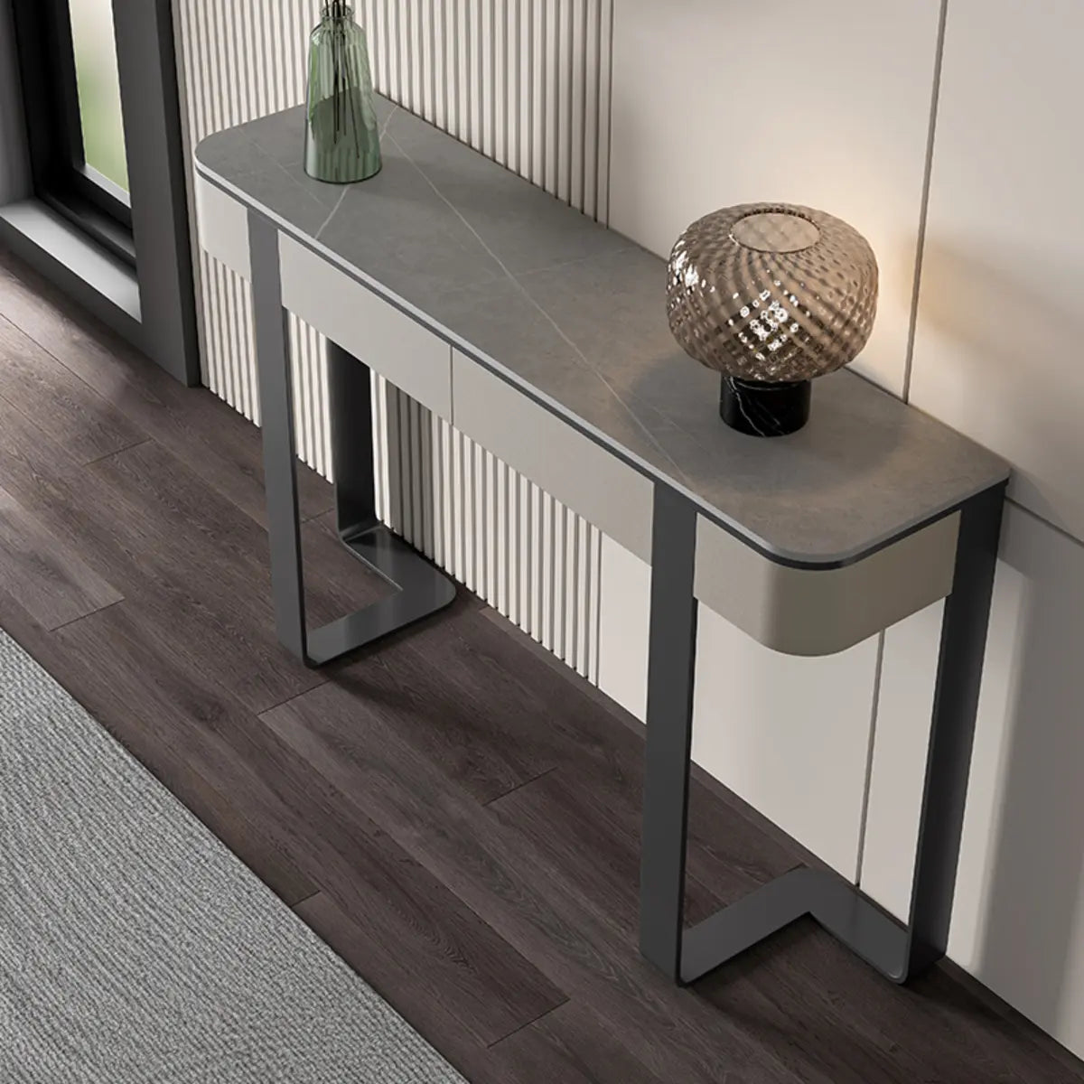 Black Metal Rectangular Console Table with Drawers — Gray