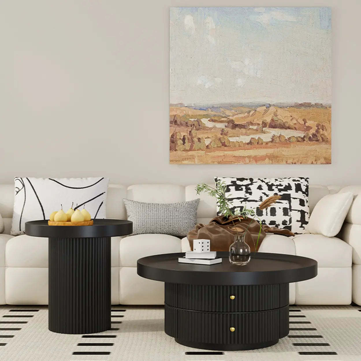 Black Metal Round Coffee Table Set with Storage