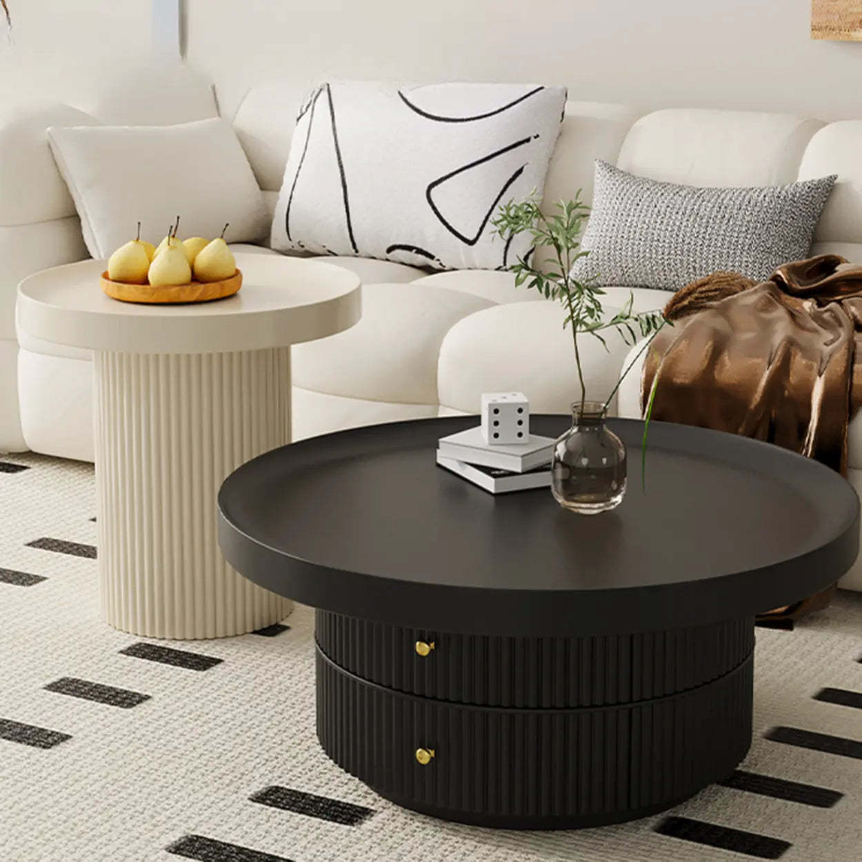 Black metal steel glass set round coffee tables - modern