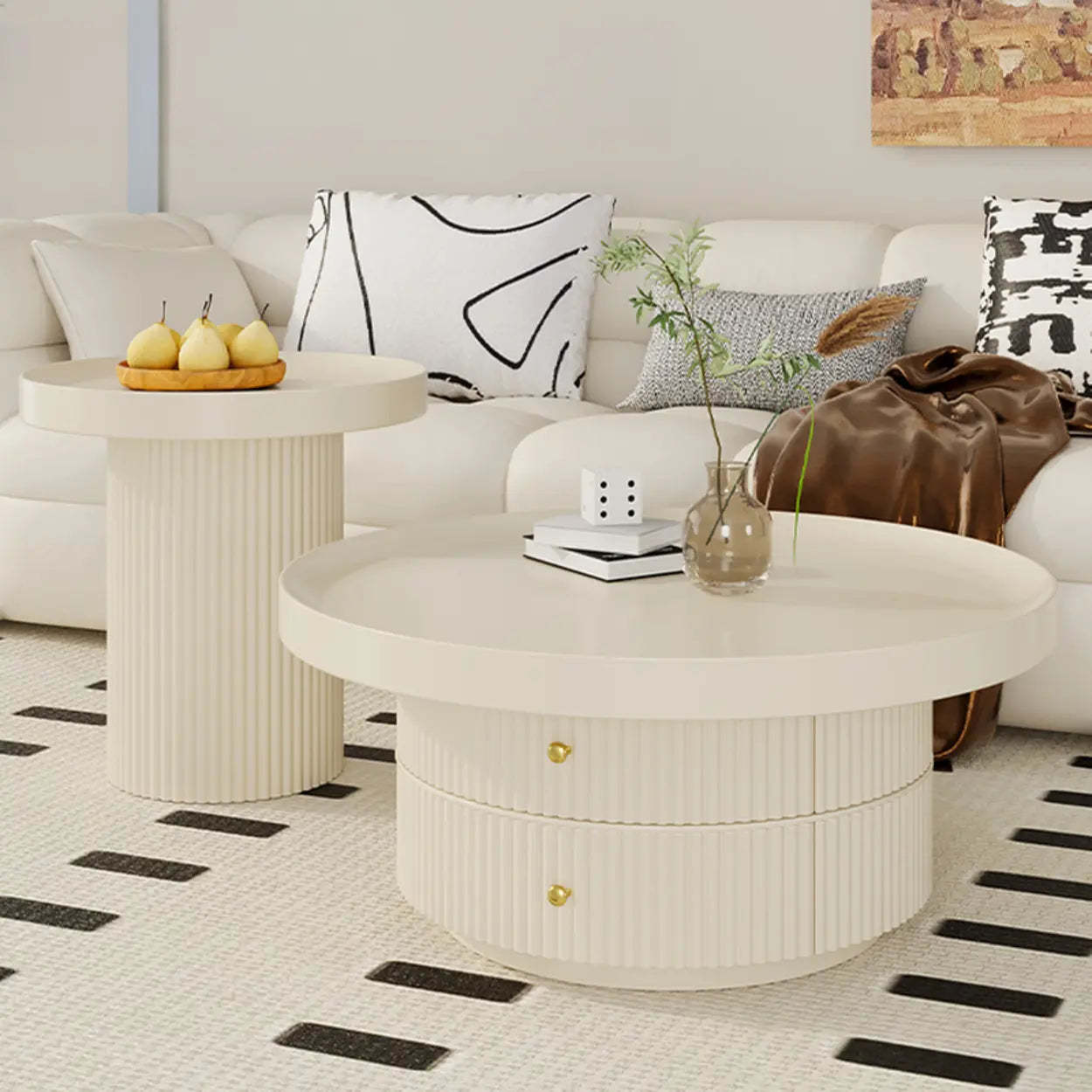 Black Metal Round Coffee Table Set with Storage — White