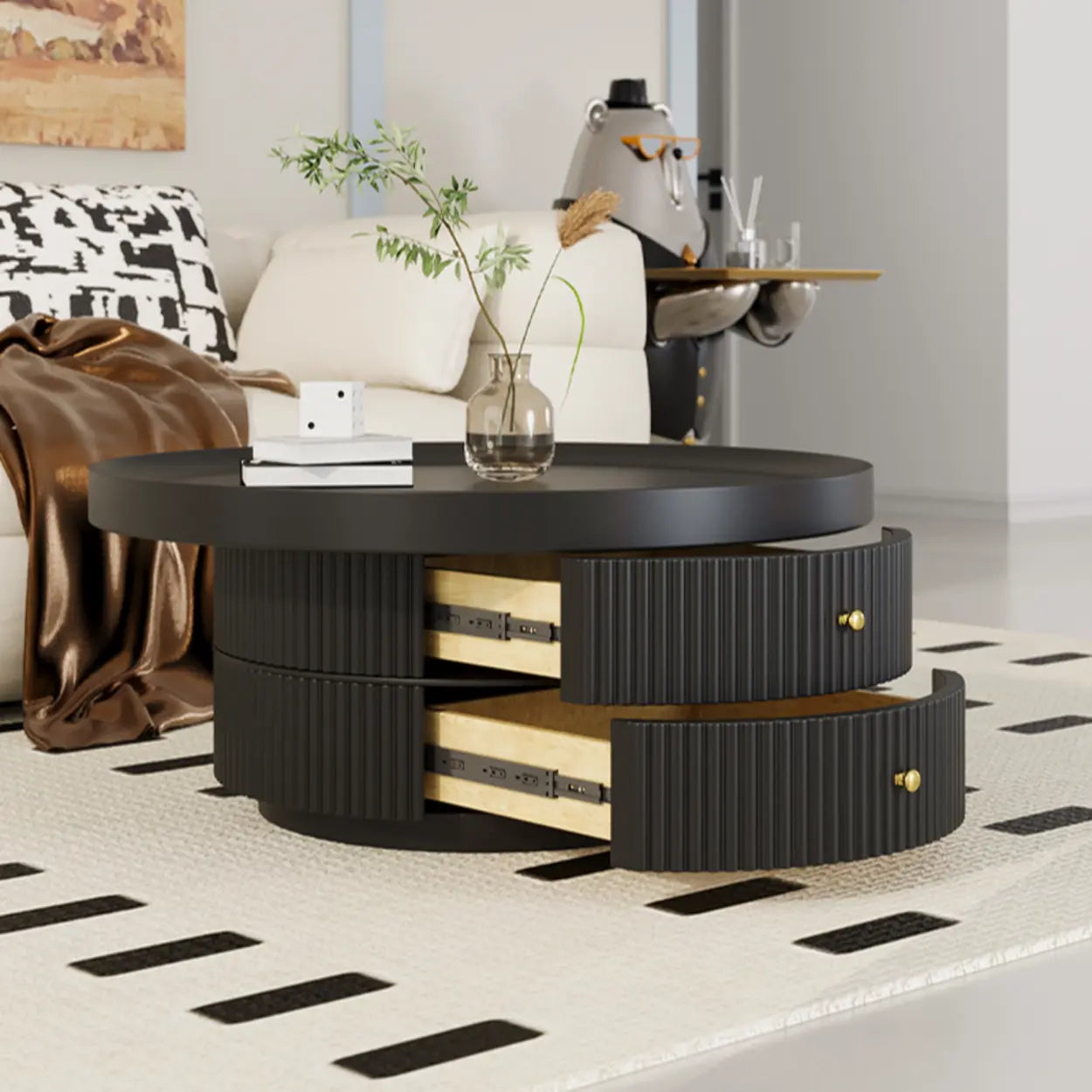 Black Metal Round Coffee Table Set with Storage — Black