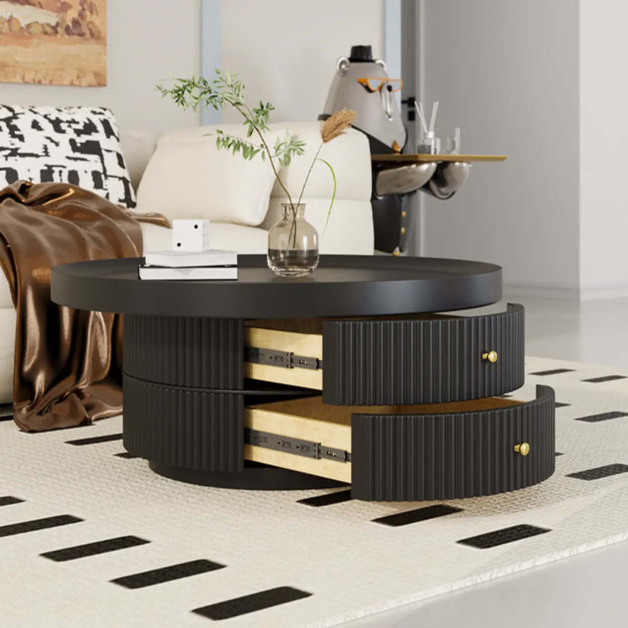 Black Metal Round Coffee Table Set with Storage — Black