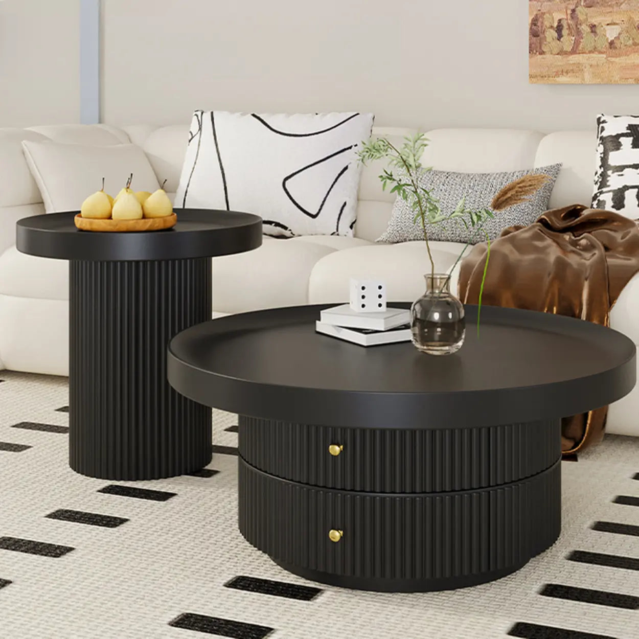 Black Metal Round Coffee Table Set with Storage — White