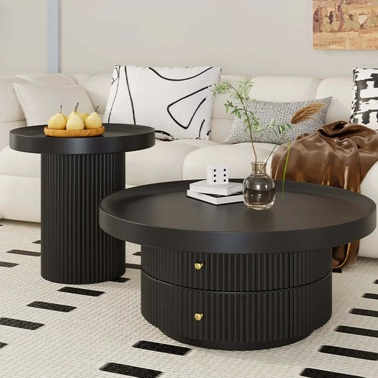 Modern round storage black metal coffee tables — 30" L x 20" W x 15" H & 20" Dia x 20" H
