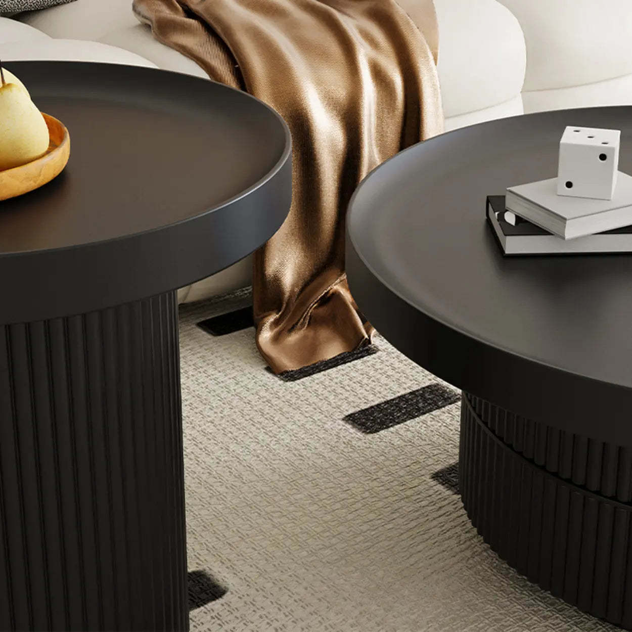 Black Metal Round Coffee Table Set with Storage — White/ Black