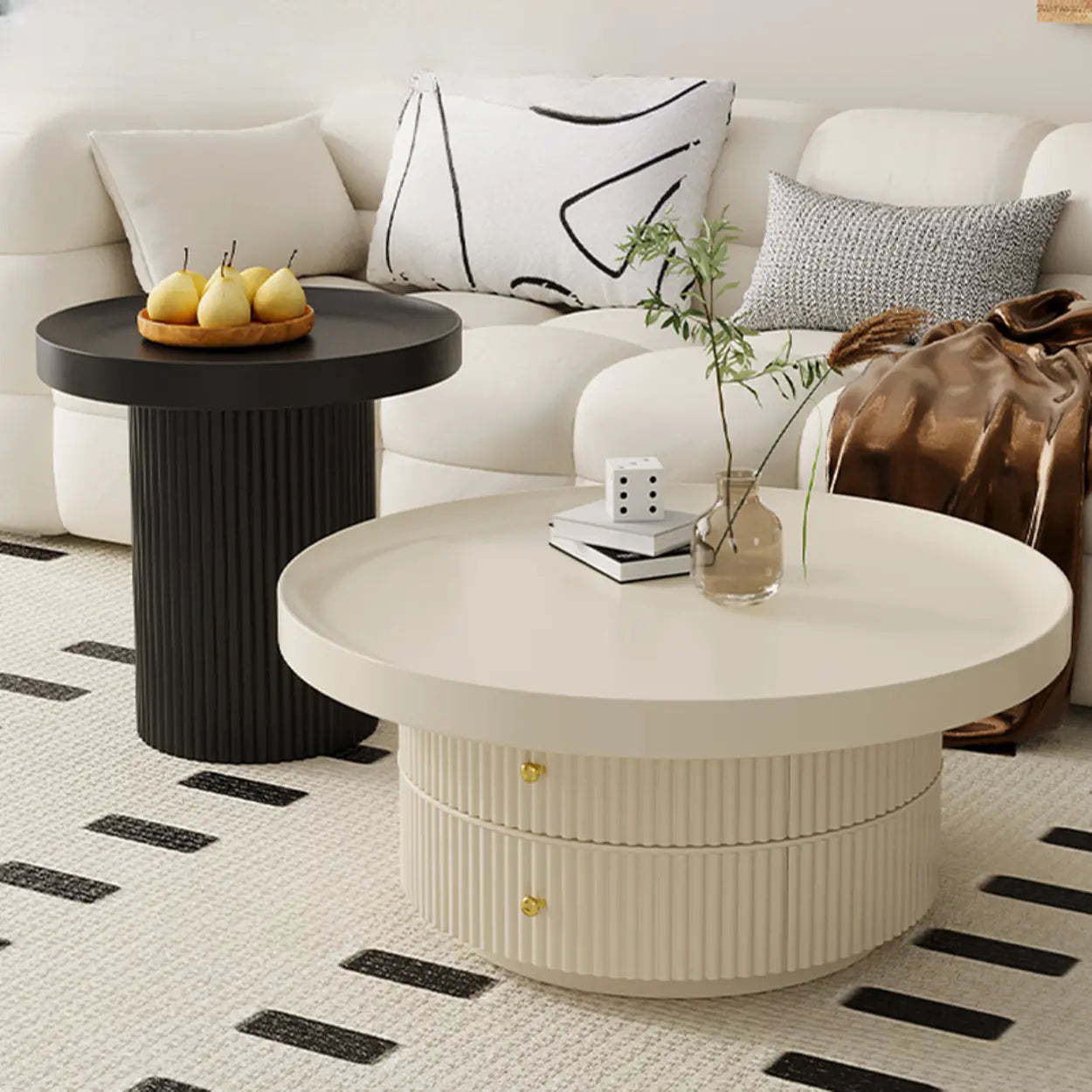 Black Metal Round Coffee Table Set with Storage — Black/ White