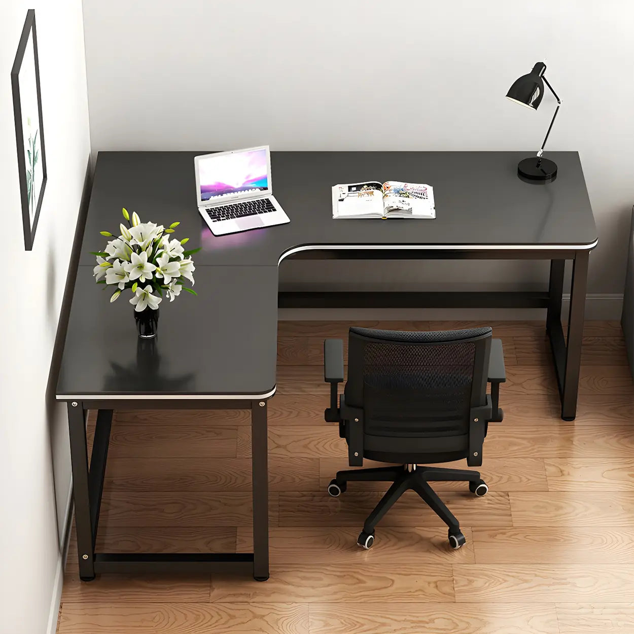 Black Metal Sled Wood L-Shaped Writing Desk — Right Hand Return / Table Only