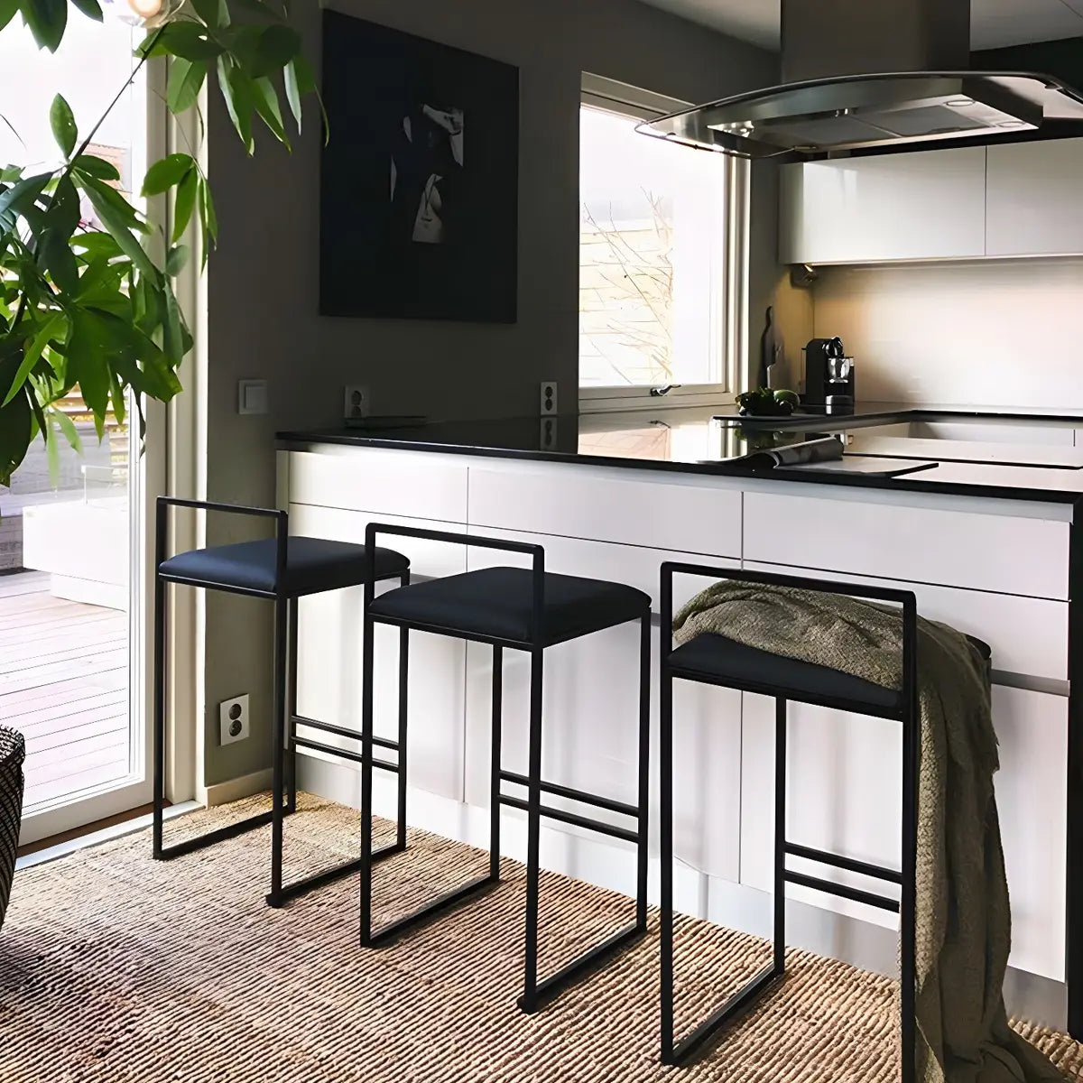 Black Metal Square Upholstered Counter Stool — Black / 2 Piece Set